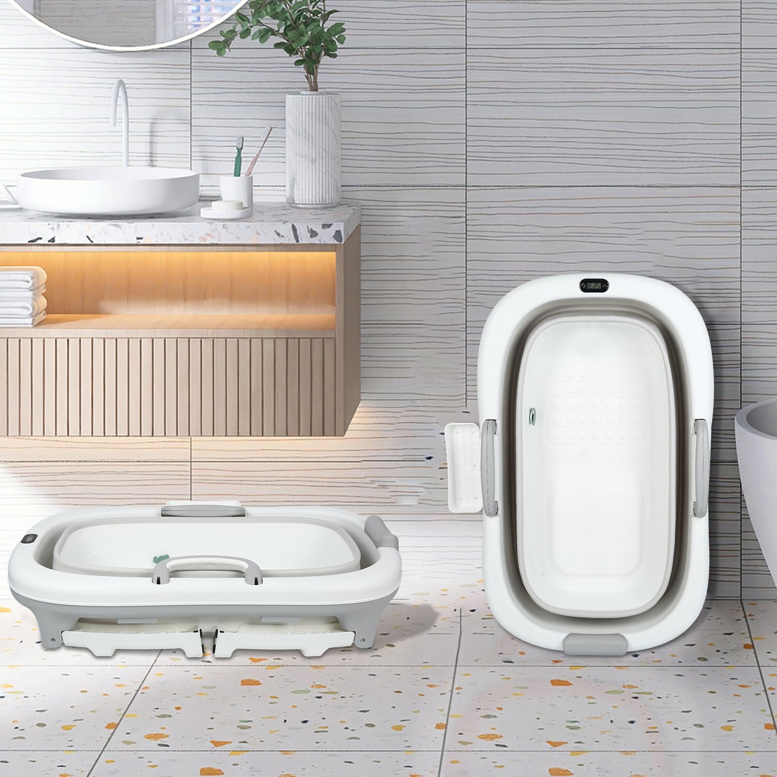 Bañera plegable portátil de plástico, bañera plegable con estante para niños, 99 x 62 x 52,9 cm, color gris
