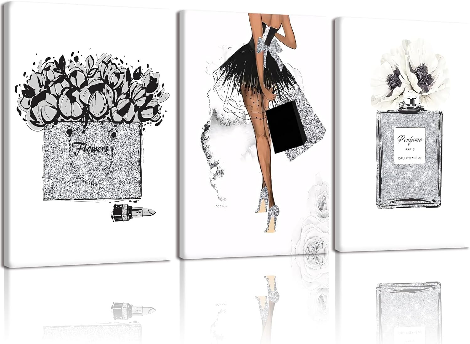 RUMSICH 3Pcs Stylish Girl Canvas Wall Art Black and White Floral Perfume Wall Decor Artwork Modern Trendy Women's Poster Print Suitable for Dresser Closet Makeup Bedroom Decoration 12×16 Inch Framing