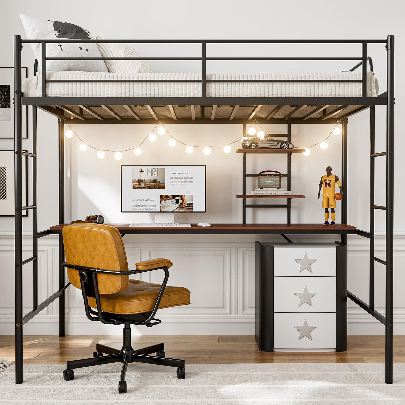 IKIFLY Metal Twin Size Loft Bed with Desk & Storage Shelves, Heavy Duty Twin Loft Bed Frame with 2 Built-in Ladders, Safety Guard Rail, Space-Saving Design, Noise Free, No Box Spring Needed - Black