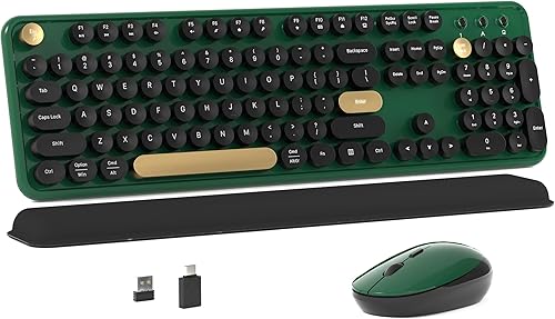 Colorido teclado inalámbrico de computadora y mouse combinado con teclas redondas de máquina de escribir, diseño retro, interruptor de encendido,