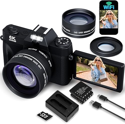 Cámara digital de 6K 64MP para fotografía, cámara de vlogging para YouTube, pantalla abatible de 180, enfoque automático de zoom 16X, cámara