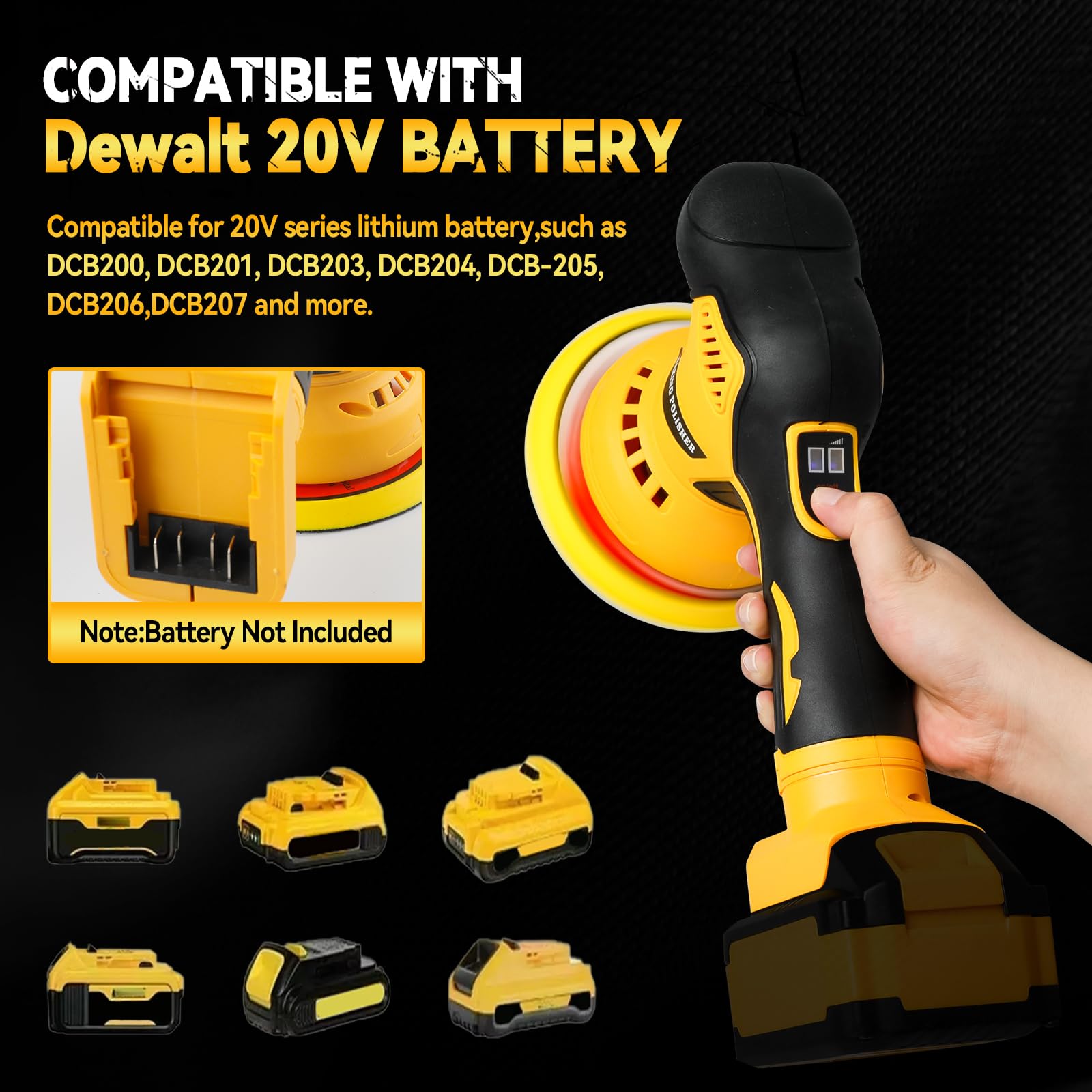 Pulidora de almohadilla inalámbrica para coche compatible con batería DEWALT 20V, 8 velocidades variables, pulidora orbital de 6 pulgadas, para detalle de cera, pulido (amarillo)