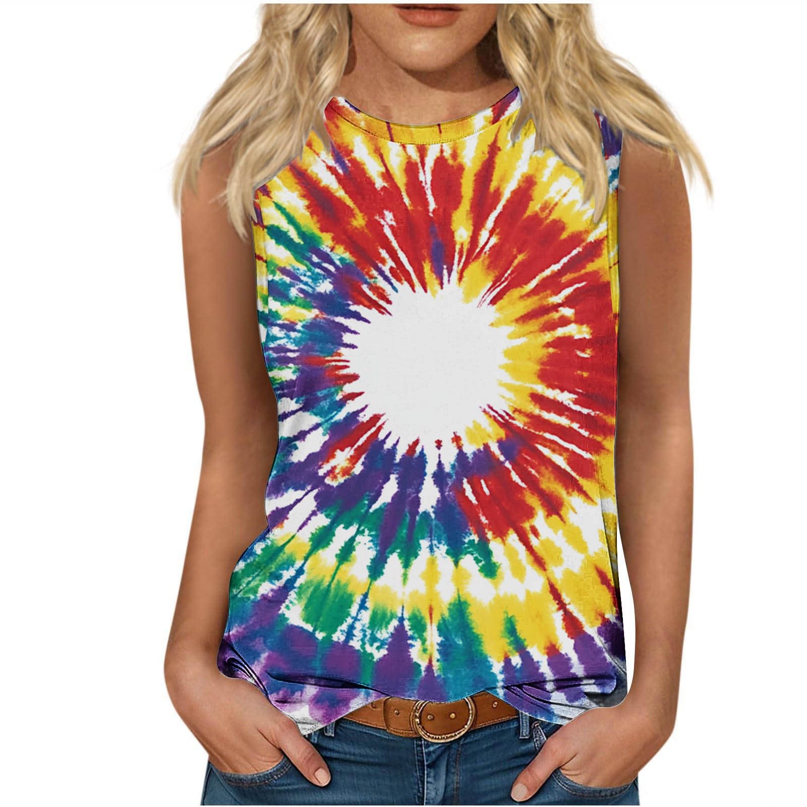 Womens Tie Dye Tank Tops Summer Fashion Printing Sleeveless Tunic Top Round Neck Casual Loose Comfy Summer Vests