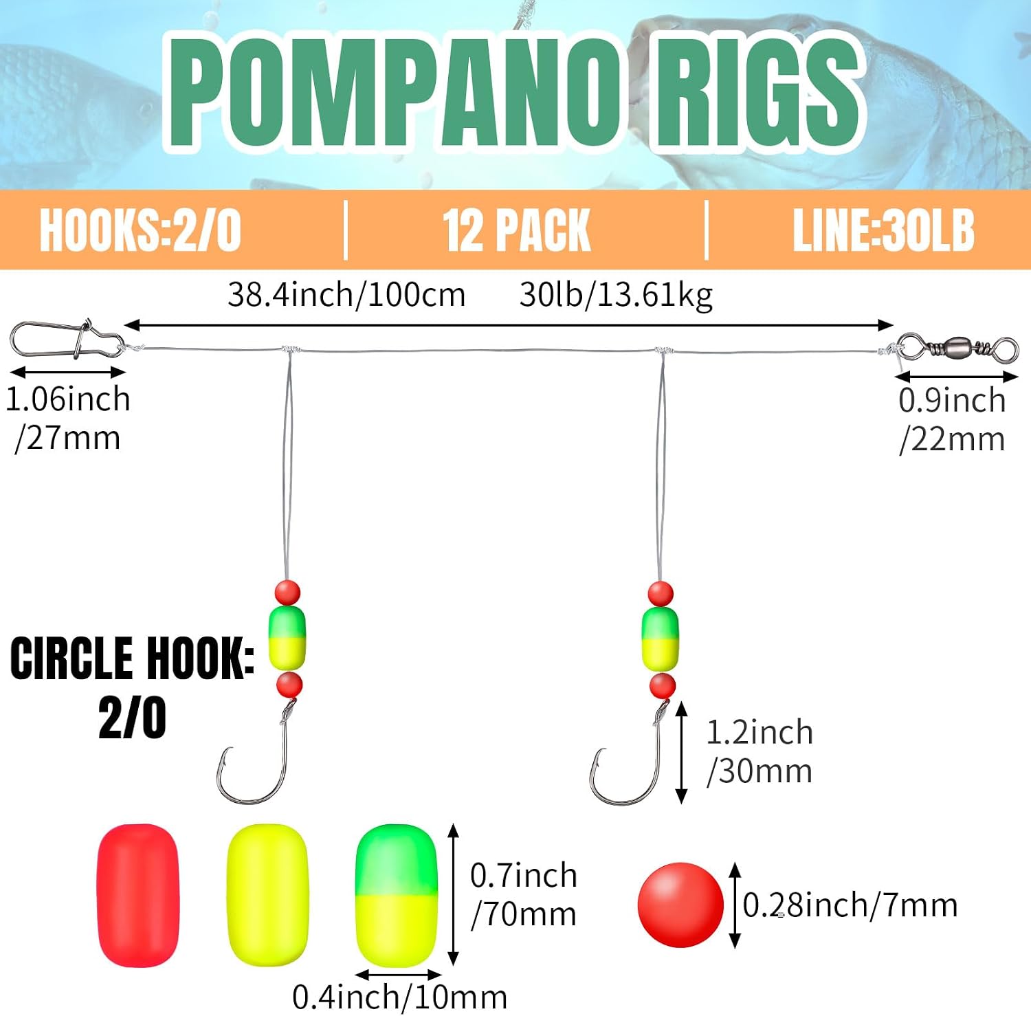 JellyArch 12 Pcs Pompano Rigs for Surf Fishing Offshore Surf Fishing Rigs Saltwater Gear Tackle with 2/0 Circle Hooks Double Circle Swivels Duo Lock Snaps