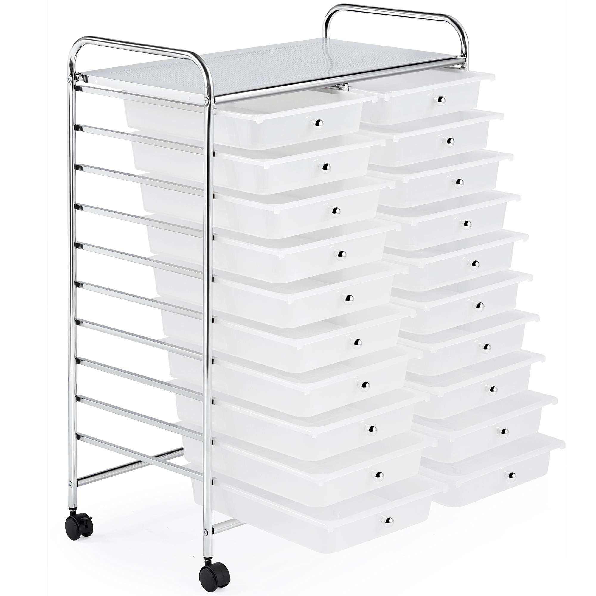 Yaheetech Caisson sur roulettes Chariot avec 20 tiroirs en Plastique Blanc Meuble de Rangement pour Salle de Bain Cuisine 62,5 x 36 x 91 cm