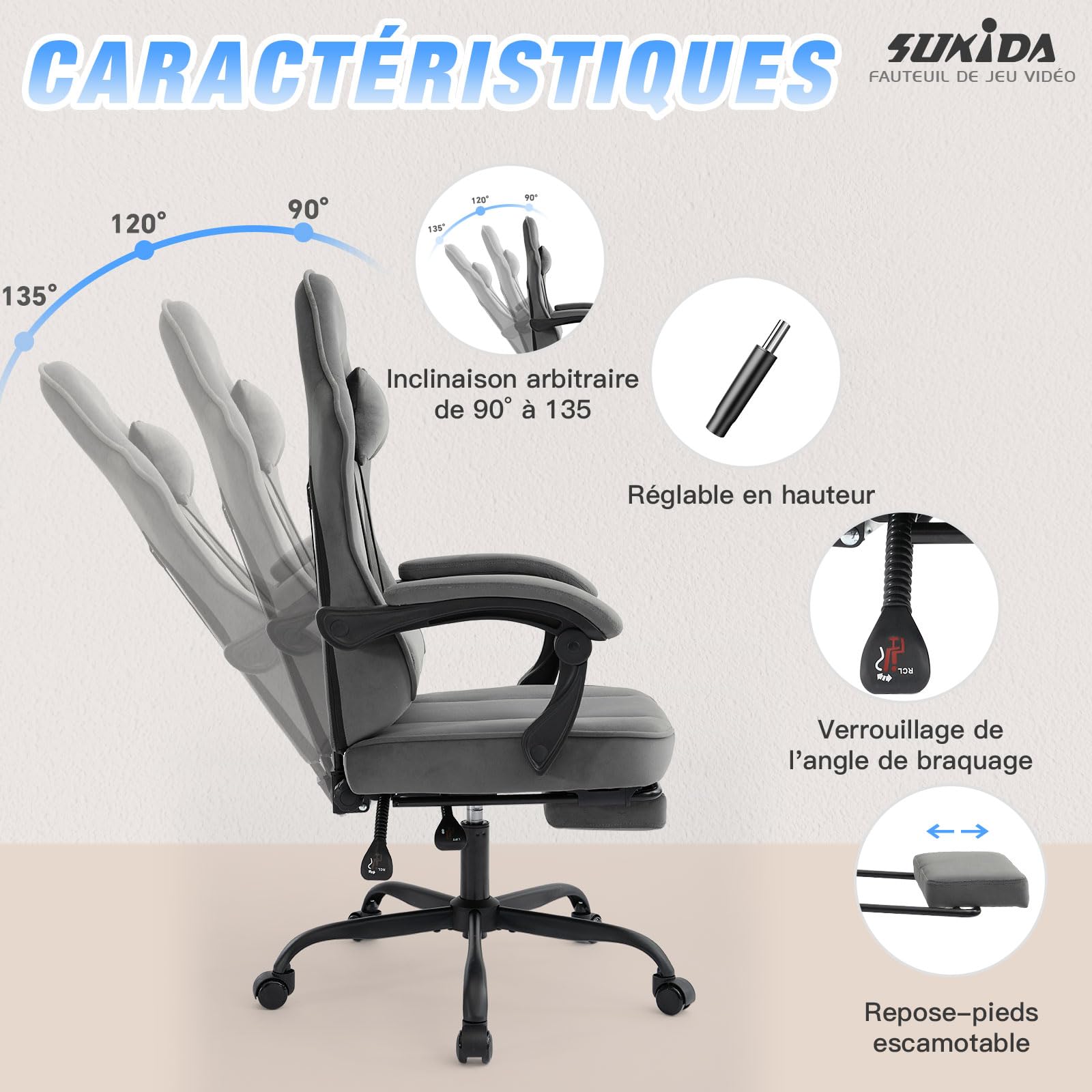 SUKIDA Chaise de gaming en tissu, Chaise de gaming ergonomique avec repose-pieds, Chaise de course informatique réglable avec support lombaire, Gris Chaise PC ergonomique