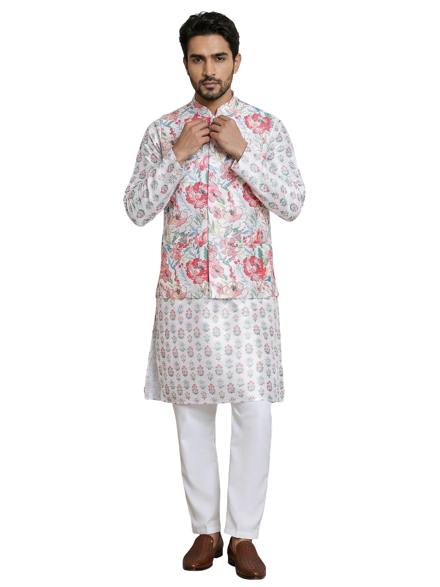 Printed Nehru Jacket & Kurta Pyjama Set.-image-33