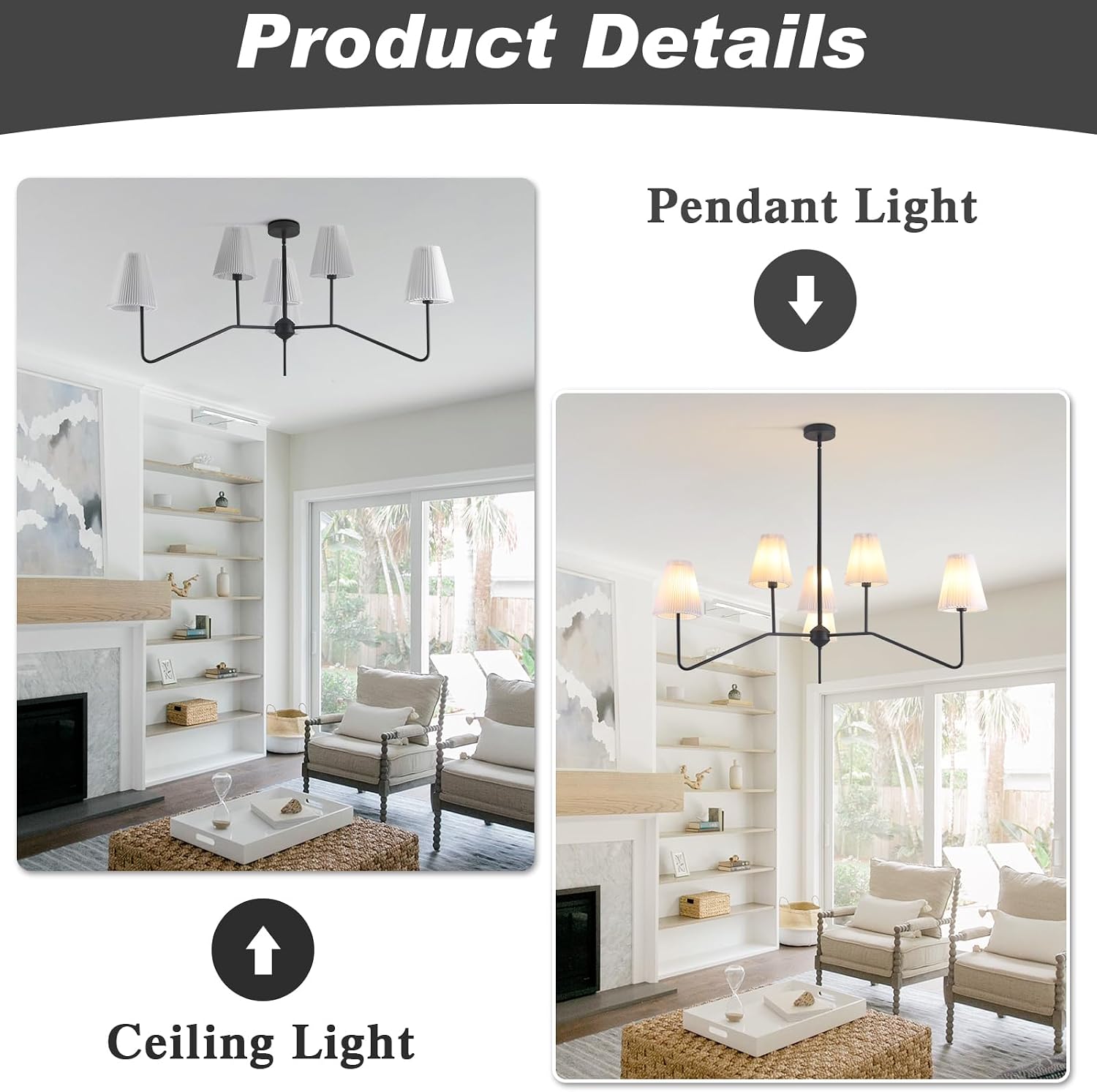 KCO Vintage Pleated Chandelier Black White Pendant Light 6 Light Sputnik Ceiling Light Fixture Farmhouse Dining Room Chandeliers Over Table