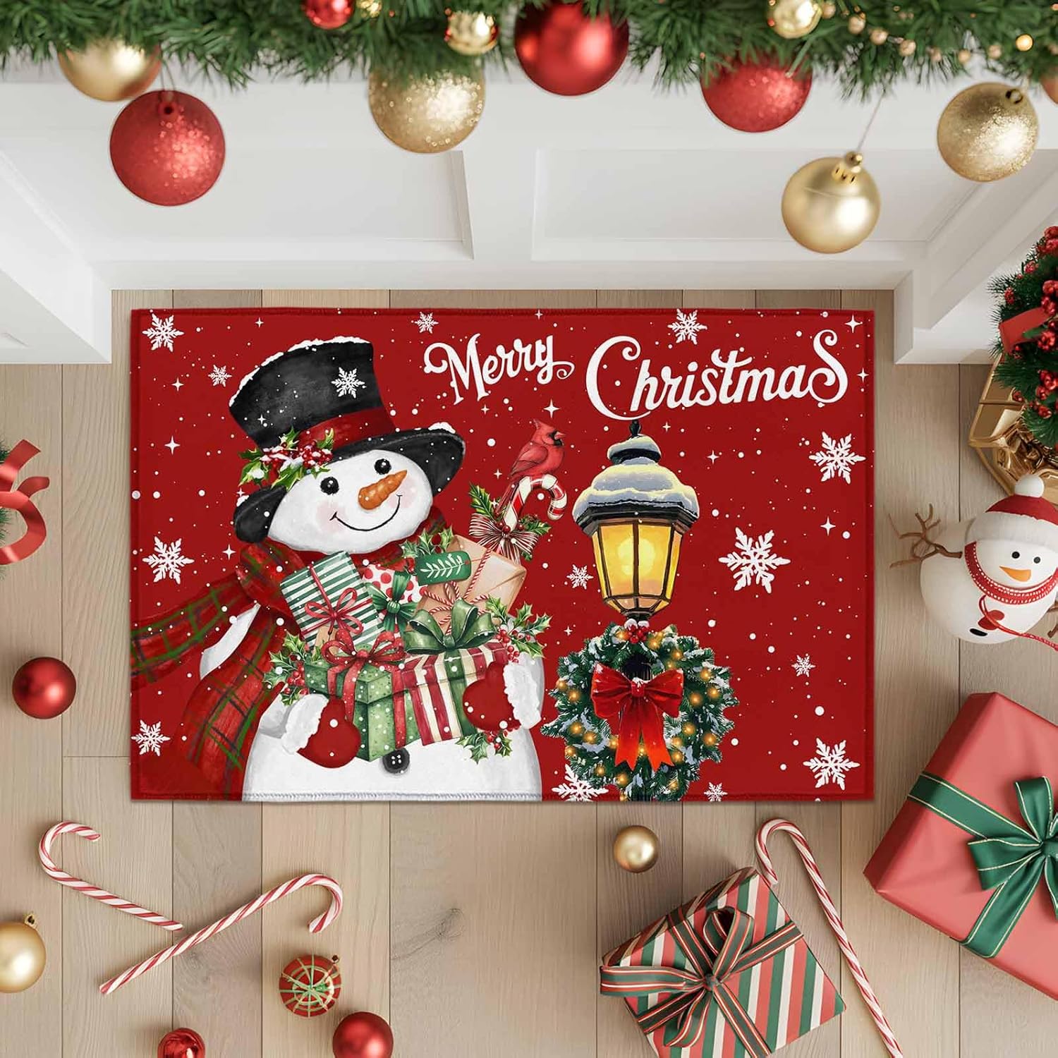 Christmas Entrance Floor Mat Snowman Holly Berries Wreath Welcome Doormat Snowflake Lights Red Non Slip Entry Rugs for Bathroom Kitchen Home Front Decor 20x32inch