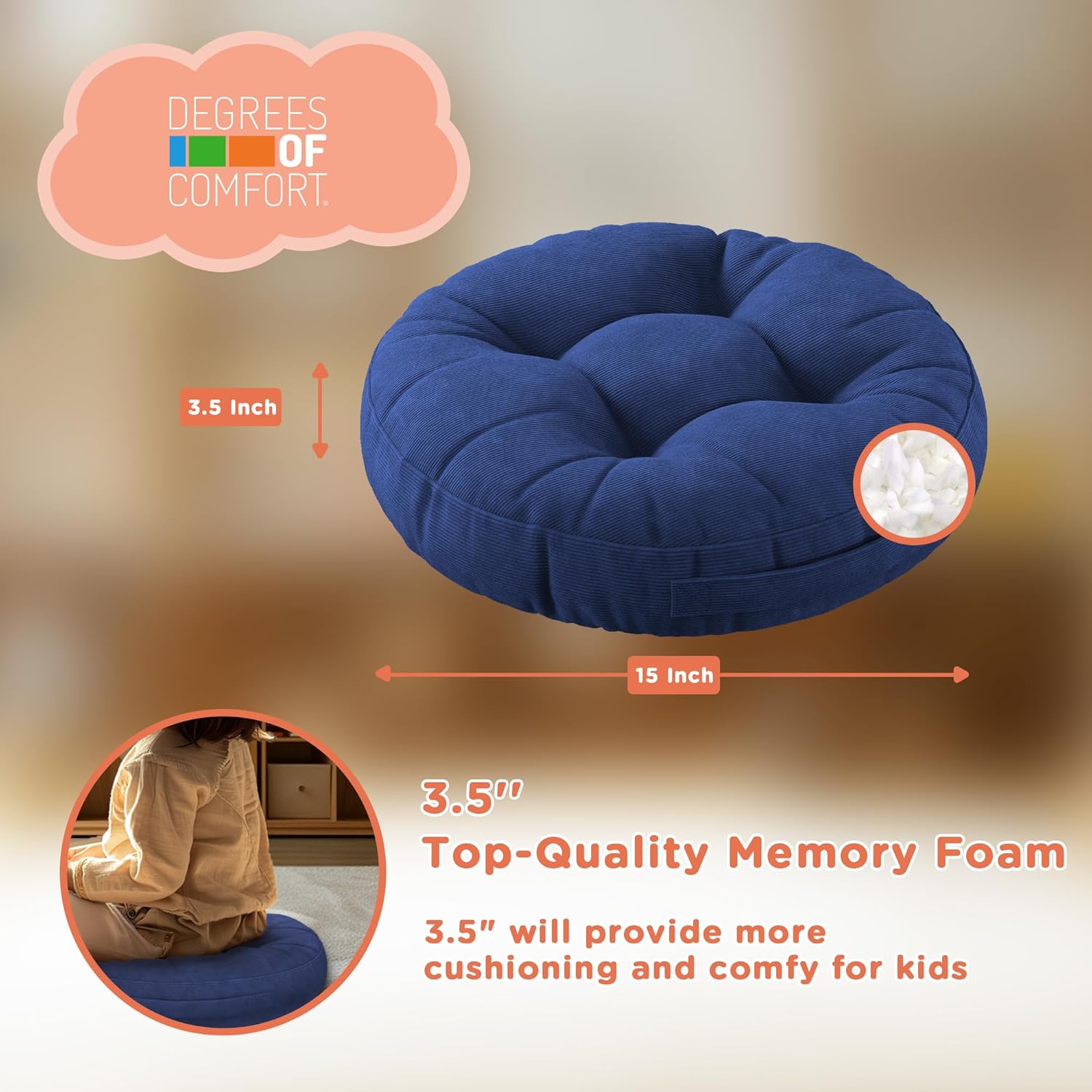 Degrees of Comfort 6Pcs Round Floor Cushions for Kids, Waterproof Flexible Seating for Classroom Elementary, Safe Smolder Resistance Sitting Pillows with Handles, 15-inch, Vibrant