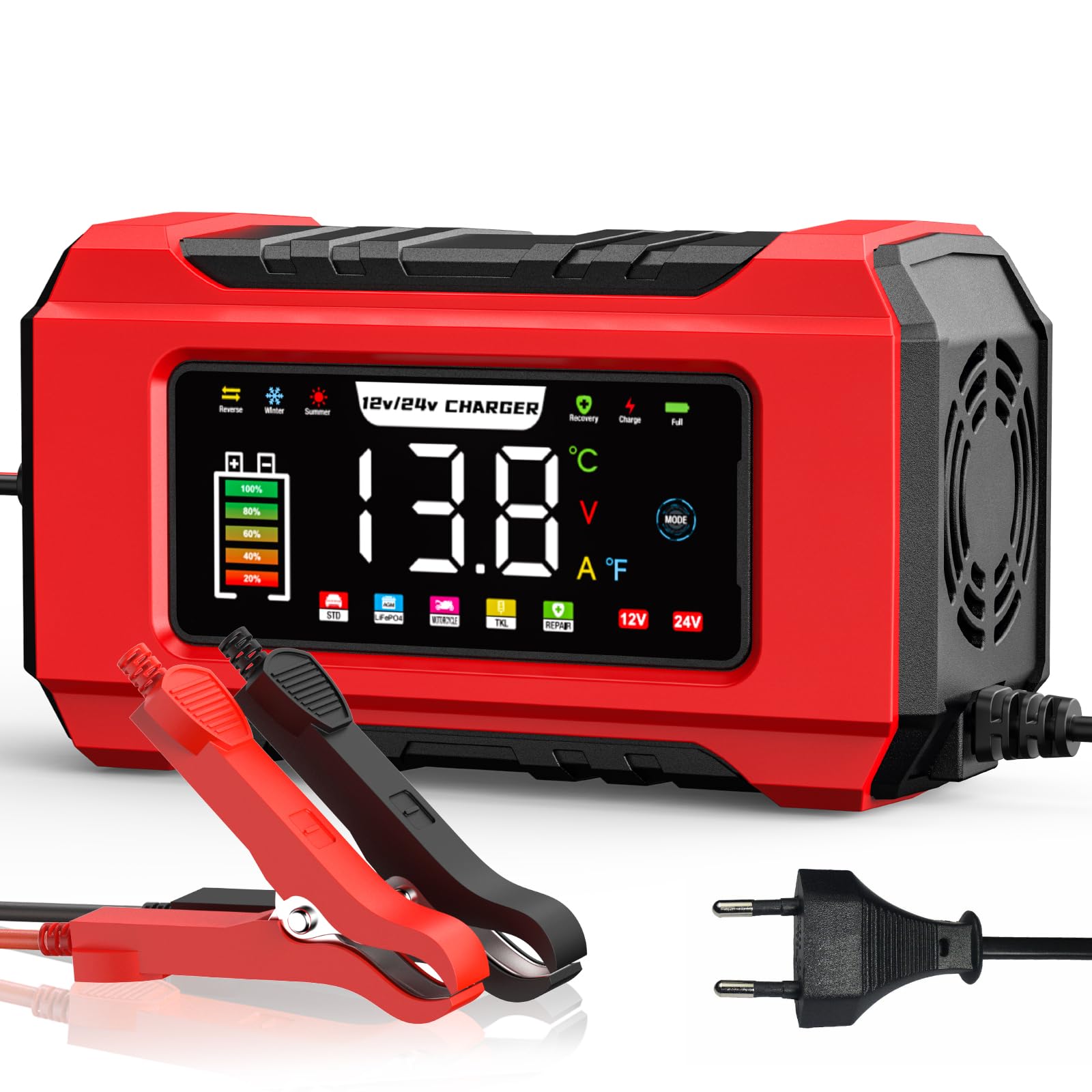 Batterieladegerät 12V/24V 15A/8A, Smart Autobatterie Ladegerät mit 9-Stufen-Ladung, Temperaturkompensation, Impulsreparatur, für Blei-Säure AGM Gel EFB & LiFePO4, Auto Motorrad Wohnmobil (Rot 15)