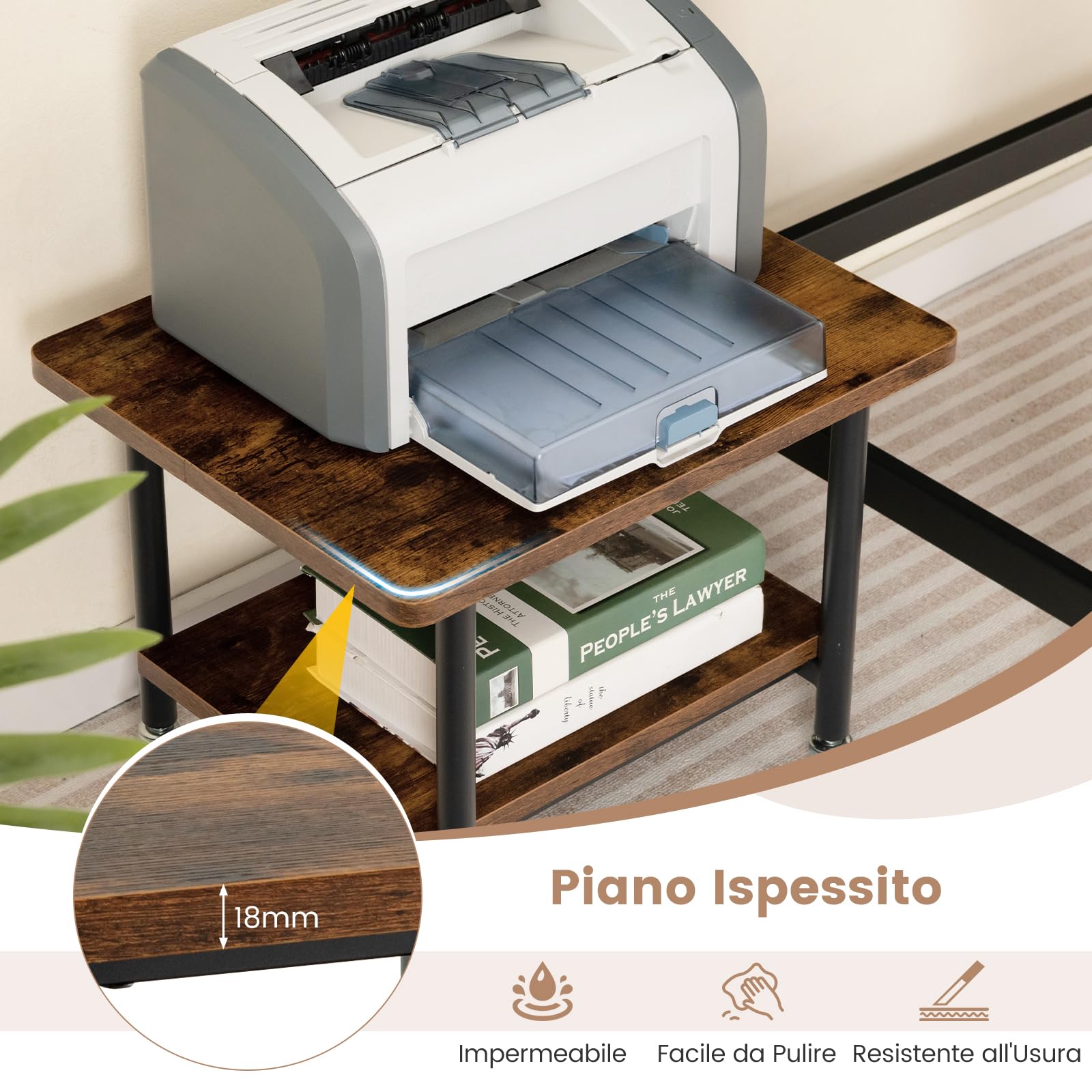 COSTWAY Supporto per Stampante, Carrello Stampante con Ruote Girevoli a 360⁰, Design Rimovibile, Superficie Ampia e Liscia, di Legno e Acciaio, 49 x 40 x 37 cm (Marrone)