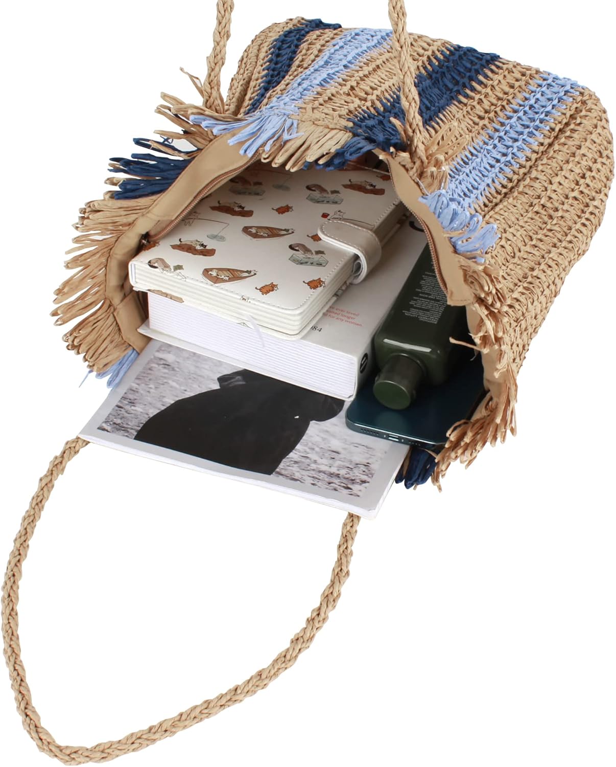 Women Large Fringe Stripes Straw Woven Shoulder Bag Bohemian Beach Travel Top-handle Bag Tote