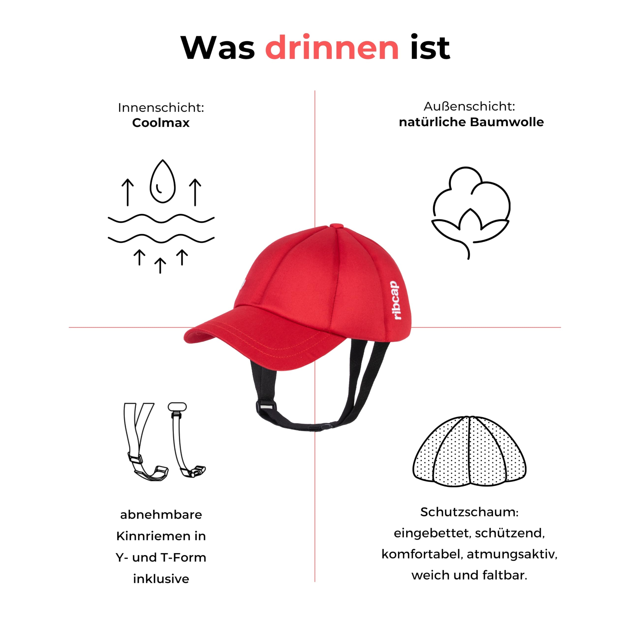 Ribcap Baseballmütze Medizinischer Schutzhelm – Sicherer und Stilvoller Kopfschutz für Sturzgefährdete | Rot | Ideal für Epilepsie, Erwachsene, Senioren und Aktivitäten