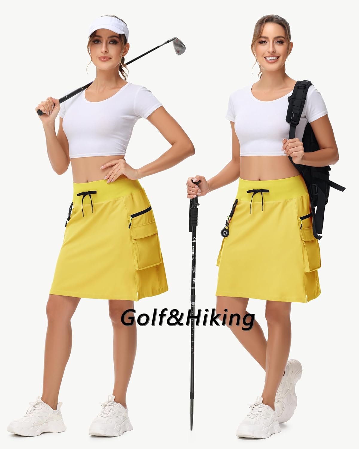 20" Women's Hiking Cargo Skorts Skirts with Zipper Pockets Knee Length Golf Tummy Control Quick Dry Long Skort Yellow - Image 5