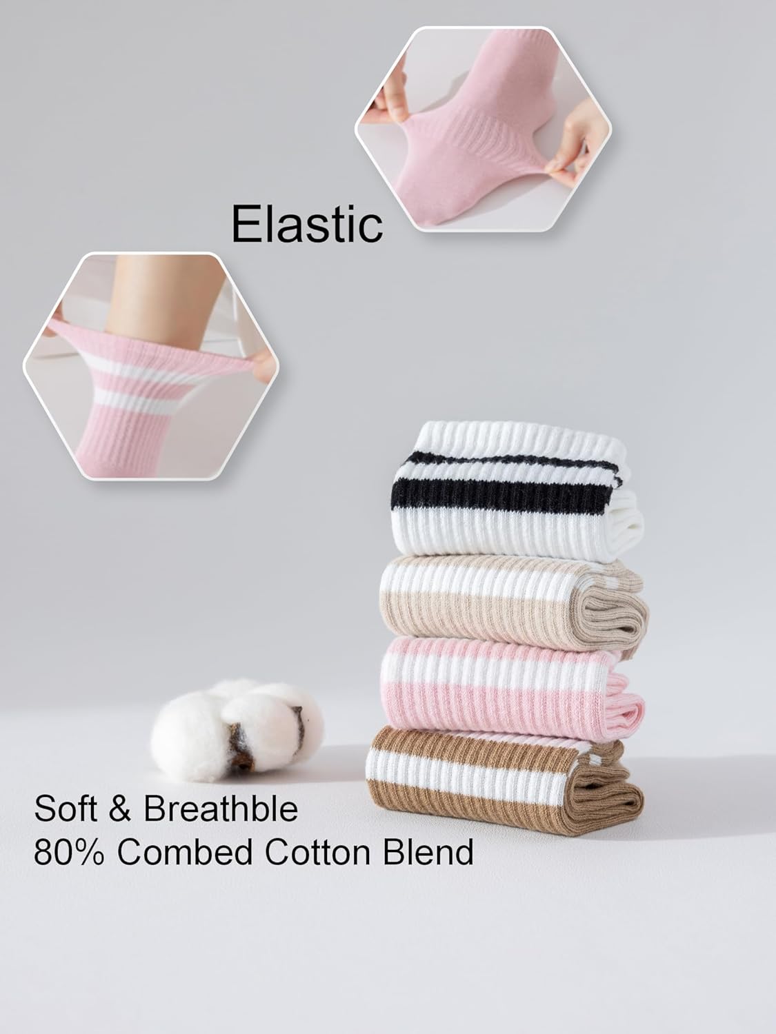 YUWELL Womens Striped Crew Socks, Cotton Cozy Casual Socks for Women 4 Pairs, Size 5-10 - Image 3