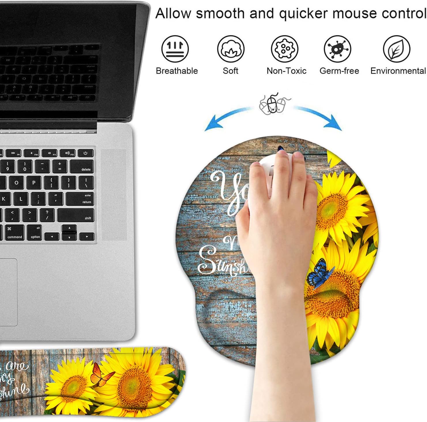 Keyboard Wrist Rest and Mouse Pad Wrist Support Set with Coasters, Ergonomic Gaming Mousepad for Home Office Working Studying Easy Typing & Pain Relief, Sunflower, You are My Sunshine
