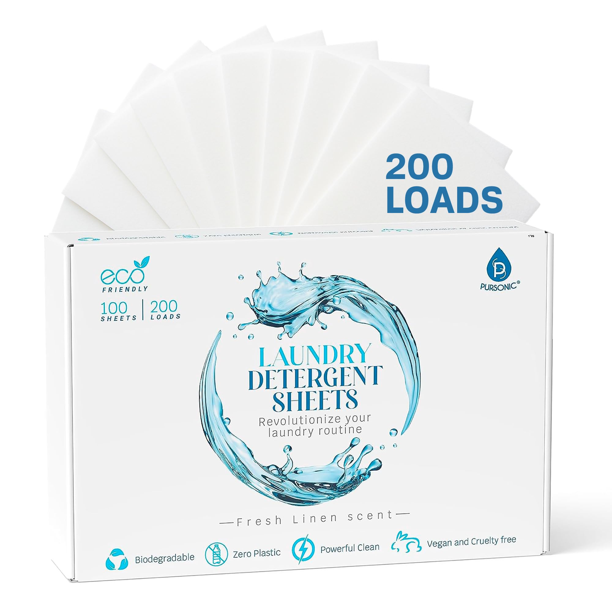 Pursonic Eco Laundry Detergent Sheets - 100 Sheet (200 Loads) Natural Zero Plastic Laundry Sheets with Powerful Cleaning Power - Travel Essentials,