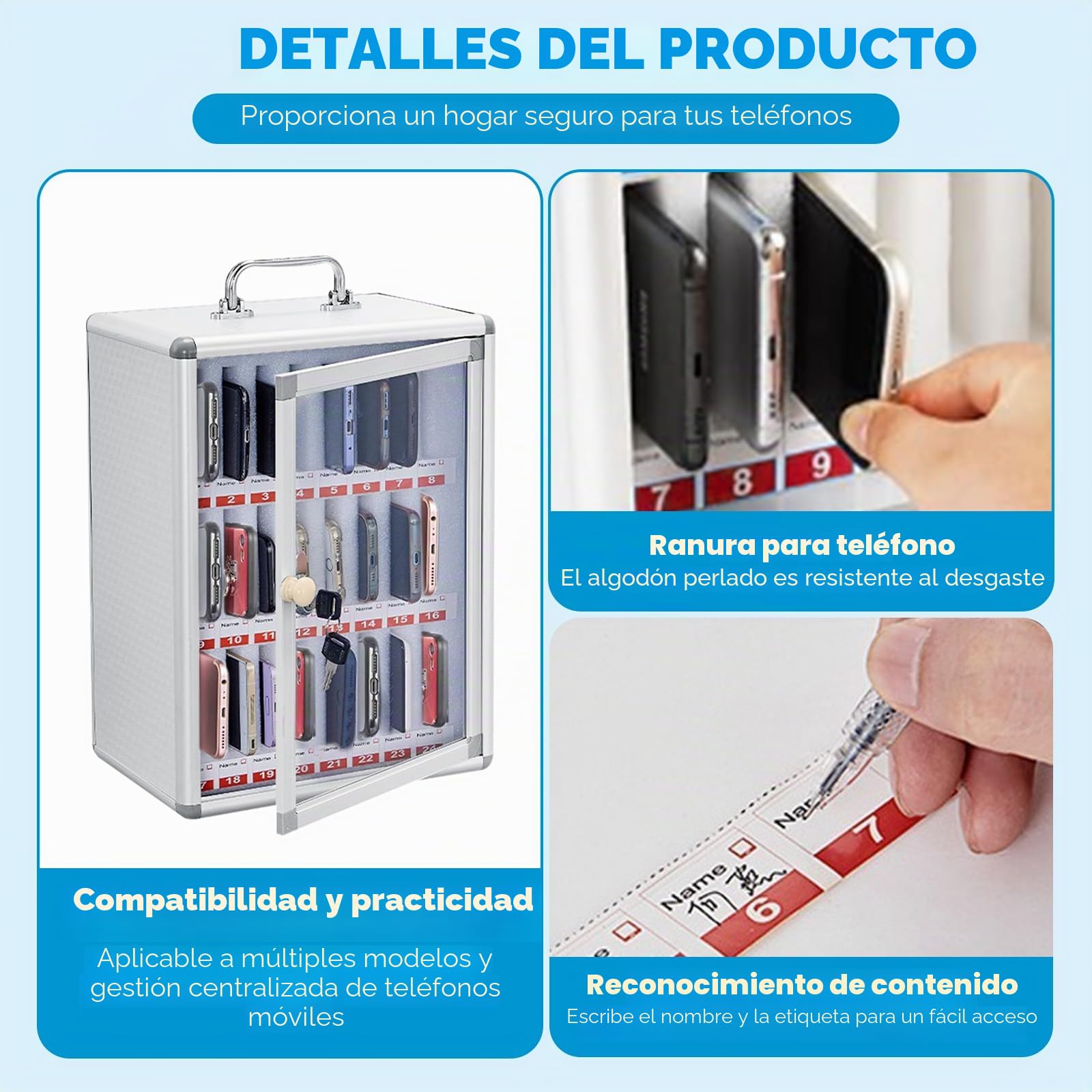 Gabinete de almacenamiento para teléfono móvil con 24 ranuras, Casillero para Teléfono Móvil Montado En La Pared,caja de almacenamiento transparente aleación de aluminio,adecuado para oficina,escuela