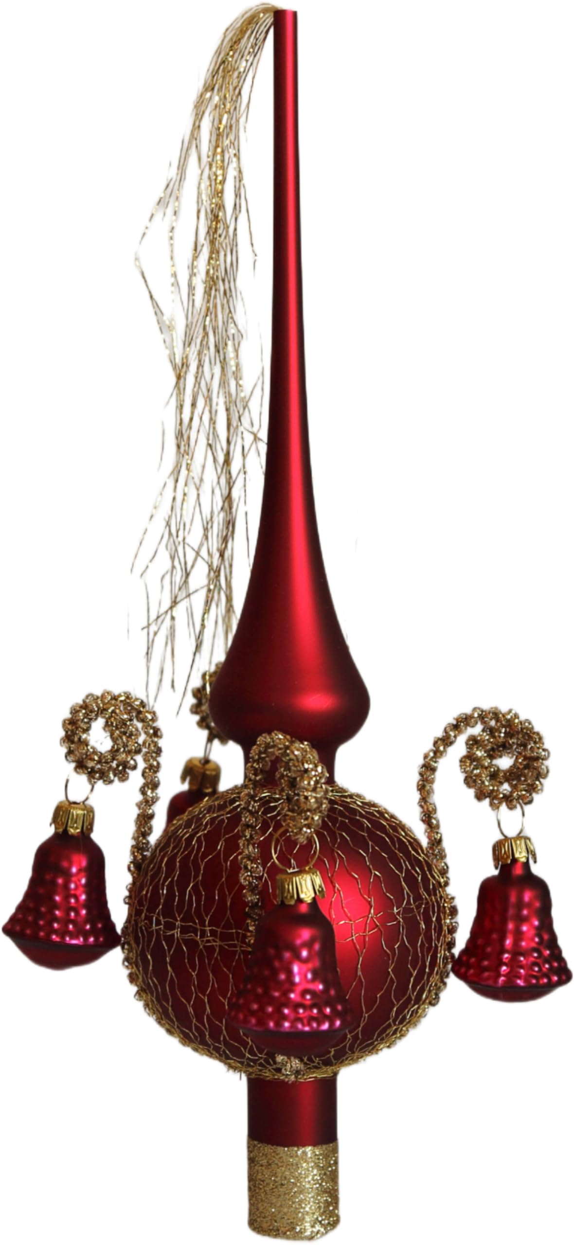 Lauschaer Glas Cimier de sapin de Noël avec clochettes Rouge foncé mat Longueur env. 28 cm Diamètre (boule) 7 cm Pointe de décoration de sapin soufflée à la bouche Décorée à la main