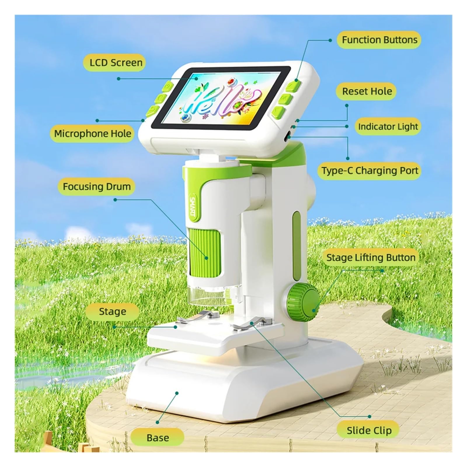 Microscopio digitale for bambini P01 - Da tavolo e portatile, staccabile, Strumenti ampiamente utilizzati(P01 Green)