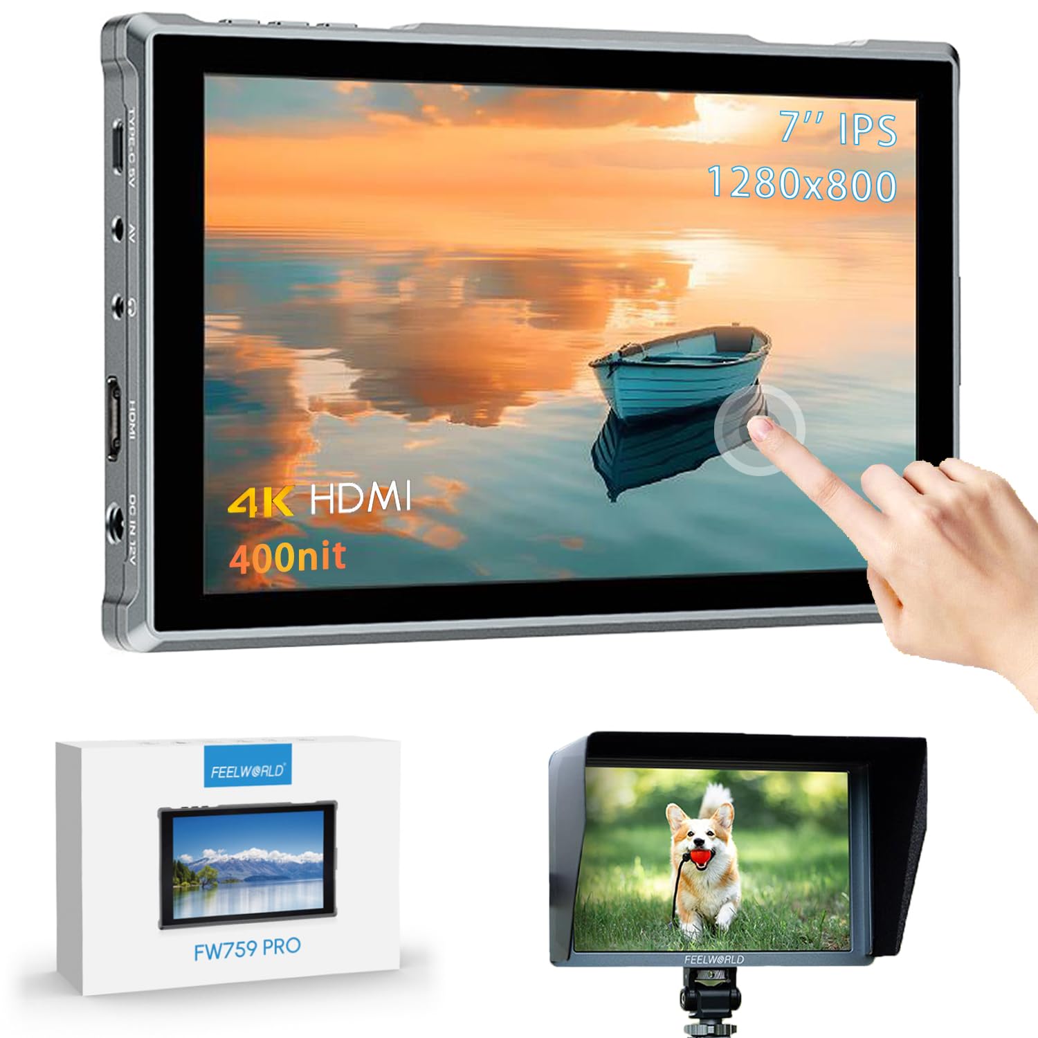 FEELWORLD FW759 Pro Ekran dotykowy do kamery Monitor polowy 7 cali Peaking Video Assist, 300g, 4K HDMI 1280X800 Kompatybilny z DSLR z daszkiem, uchwyt na DC, Type-C i NP-F Zasilanie