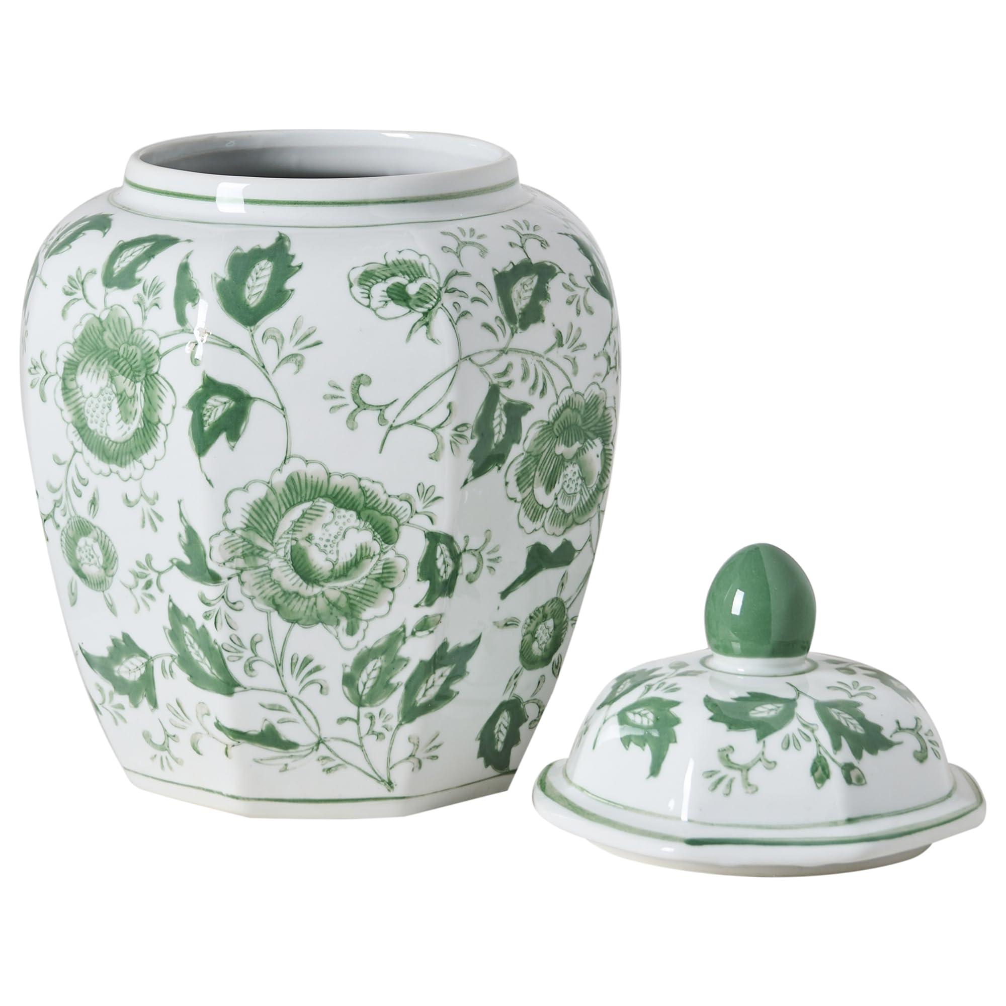 Jarrón con Tapa florero Accesorio Decorativo de Porcelana salón Blanco y Verde Ferrol