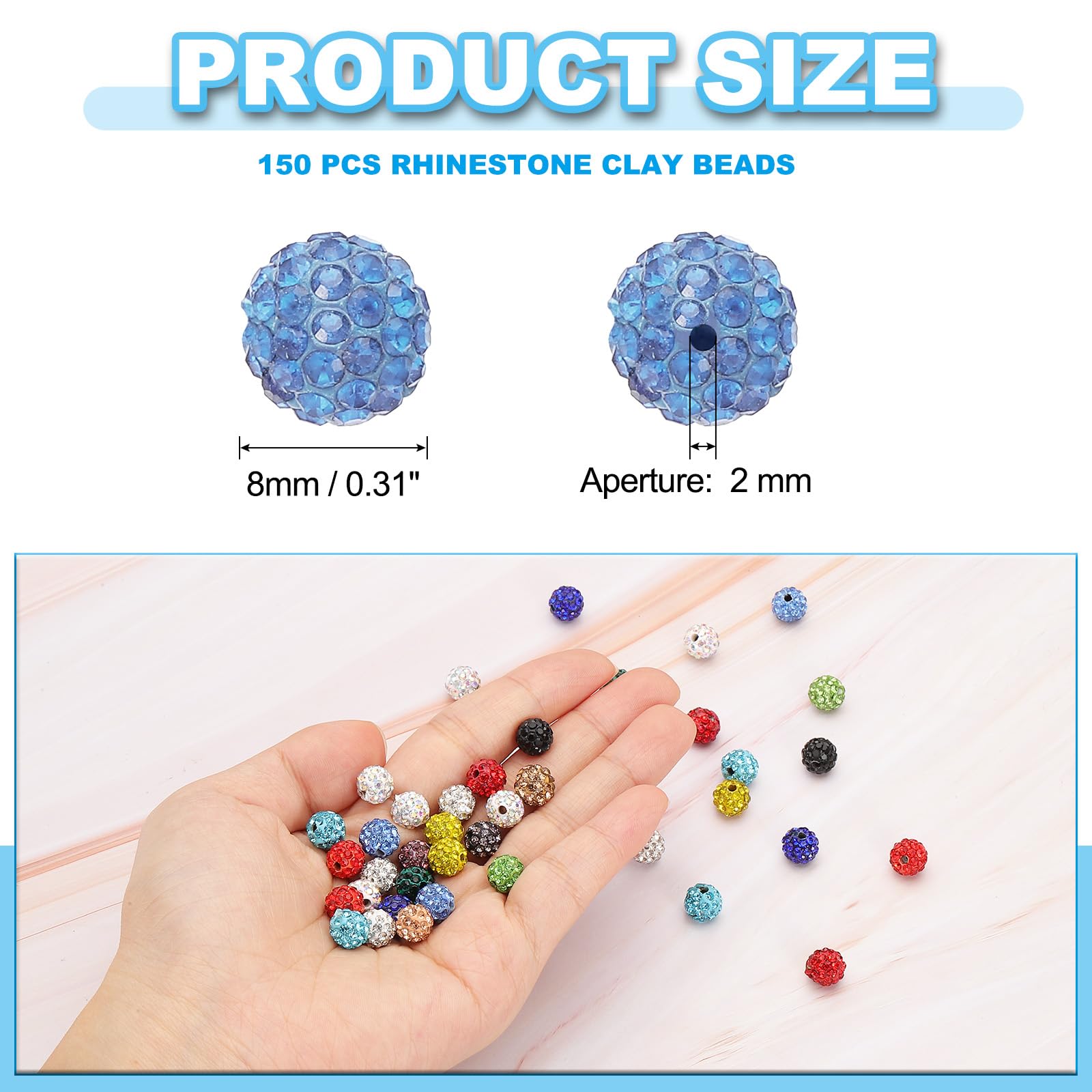 PATIKIL 8mm Rhinestone Beads, 150pcs Clay Rhinestone Beads Disco Ball Beads Diamond Spacer Beads Crystal Sparkle Shiny Round Bulk, Blue - Image 2