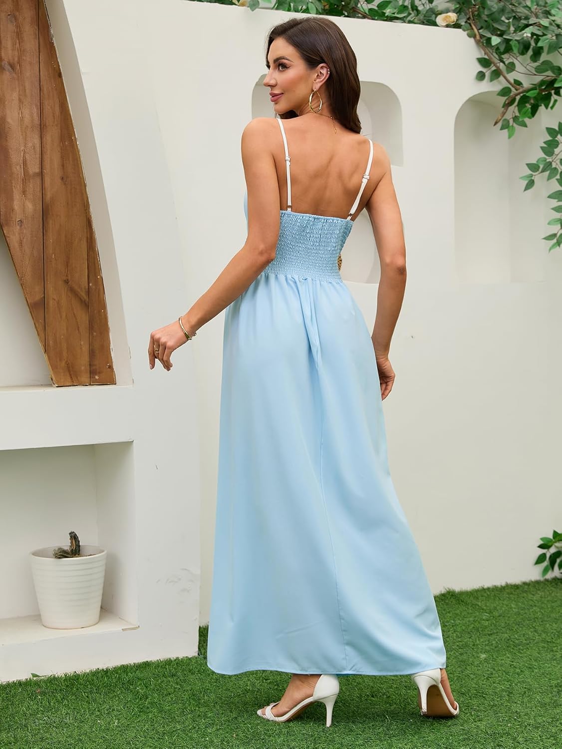 Women's Summer Sundress Solid Color Boho Beach A line Maxi Dress Adjustable Slim Straps Stretch Casual Maxi Dress - Image 2