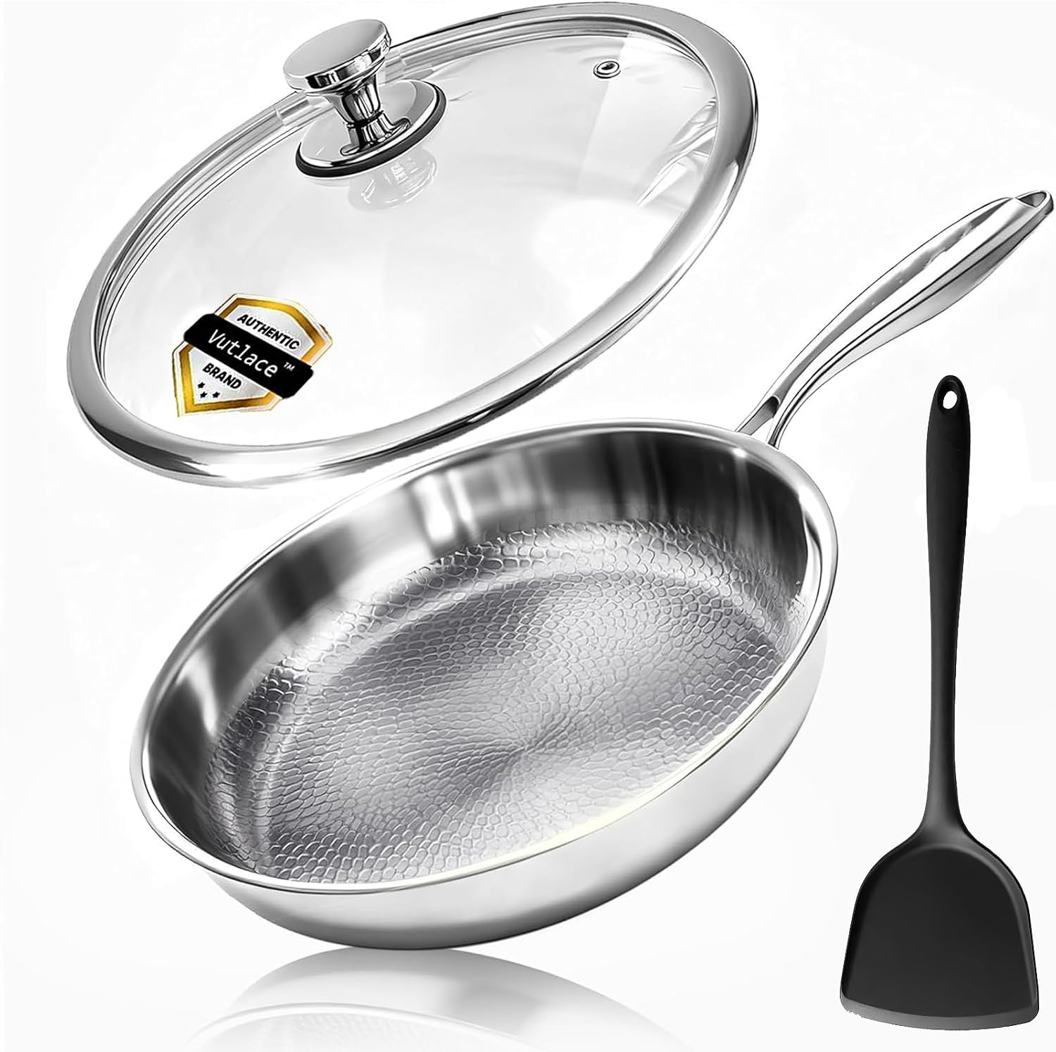 Vutlace Stainless Steel Frying Pan with Lid, 5-Ply Clad Titanium Frying Pan, Uncoated, Titanium Construction, Induction Cookware, Cooking Pan, Stir Fry Pan, Dishwasher Safe Pan, Includes Lid (30cm)