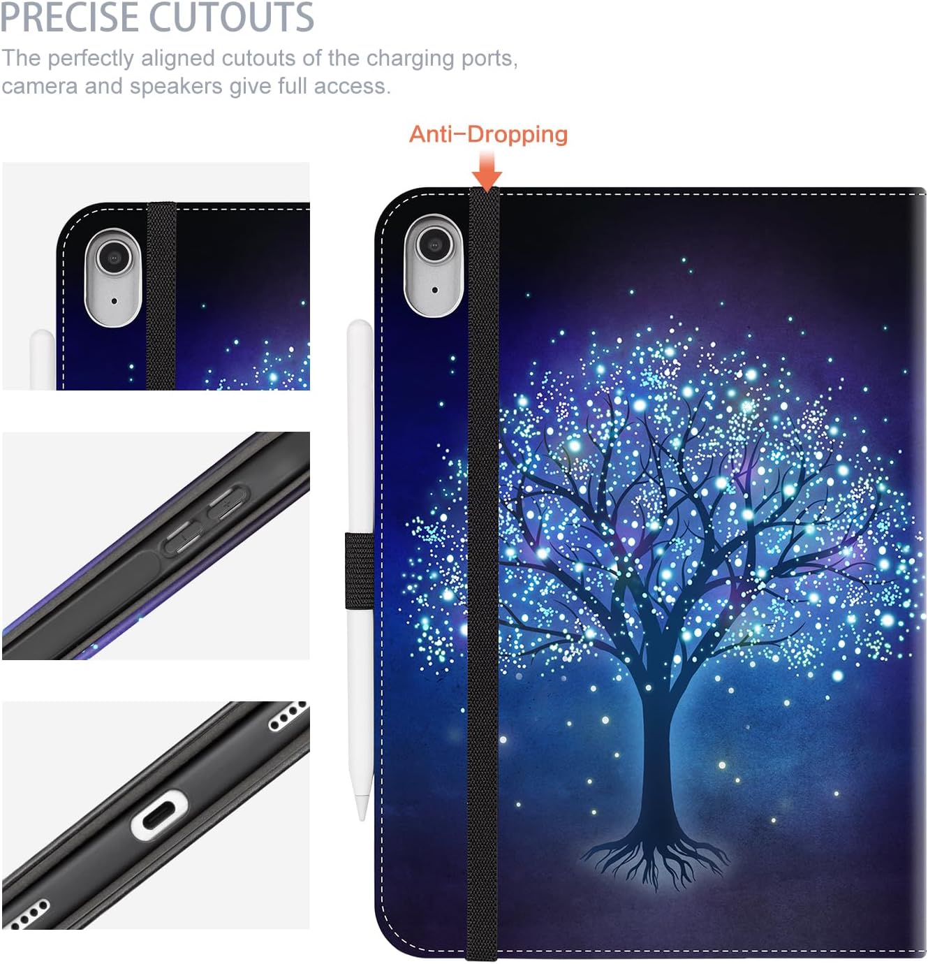 for iPad (A16) 11Th/10Th Generation Case 2025/2022, for iPad Case 11Th/10Th Generation, 10Th/11Th Gen iPadCase Cover Pencil Holder/Hand Strap/Pocket/Adjustable Stand, Blue Star Tree