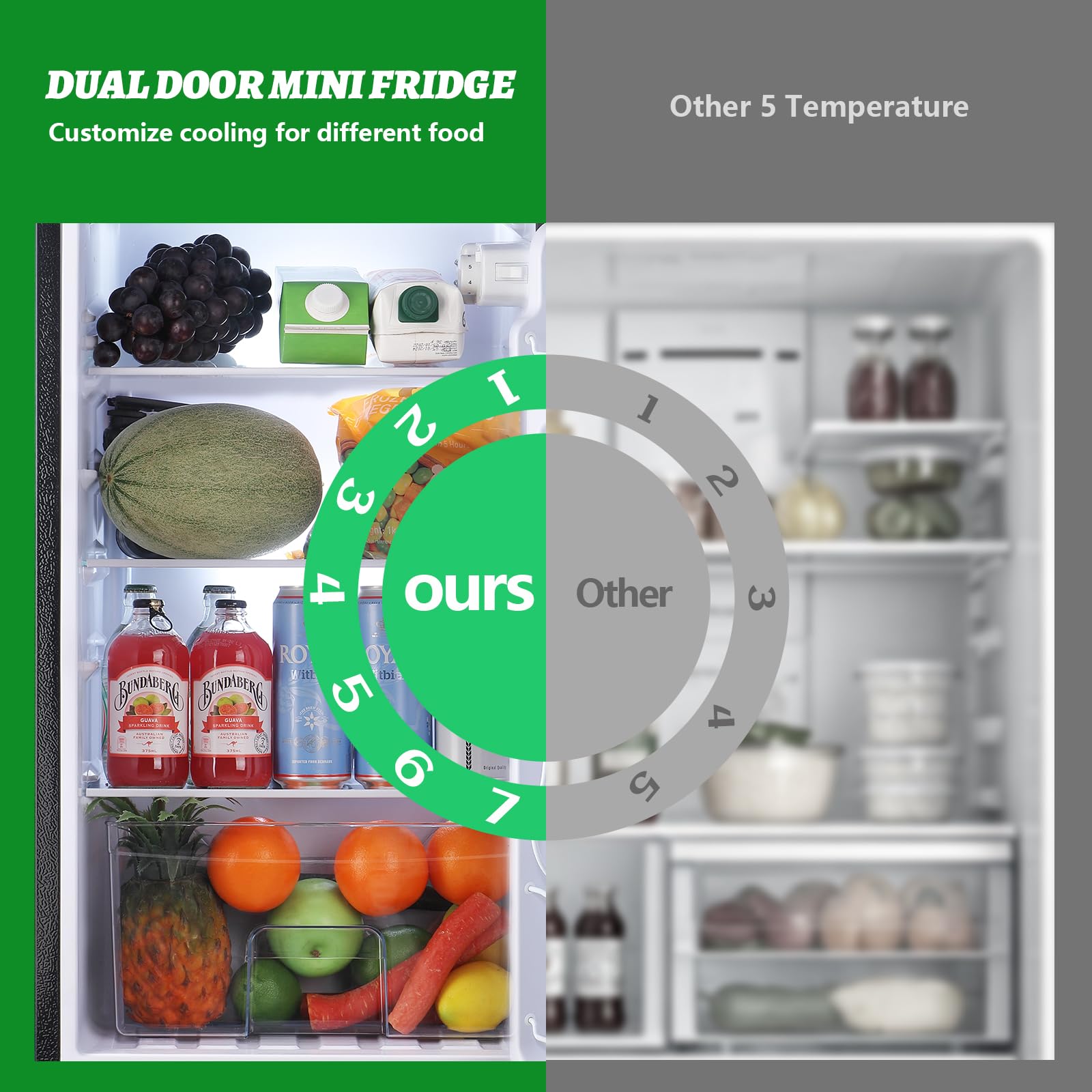 Demulelr 4.5cu.Ft Small Mini Refrigerator With Freezer Black Two Door Mini Fridge With Crisper Drawer & Extra Drink Space, LED Light, Apartment Size Fridge For Dorm Office 17.5" W X 18.5" D X 43" H on Fridge.com - View 5