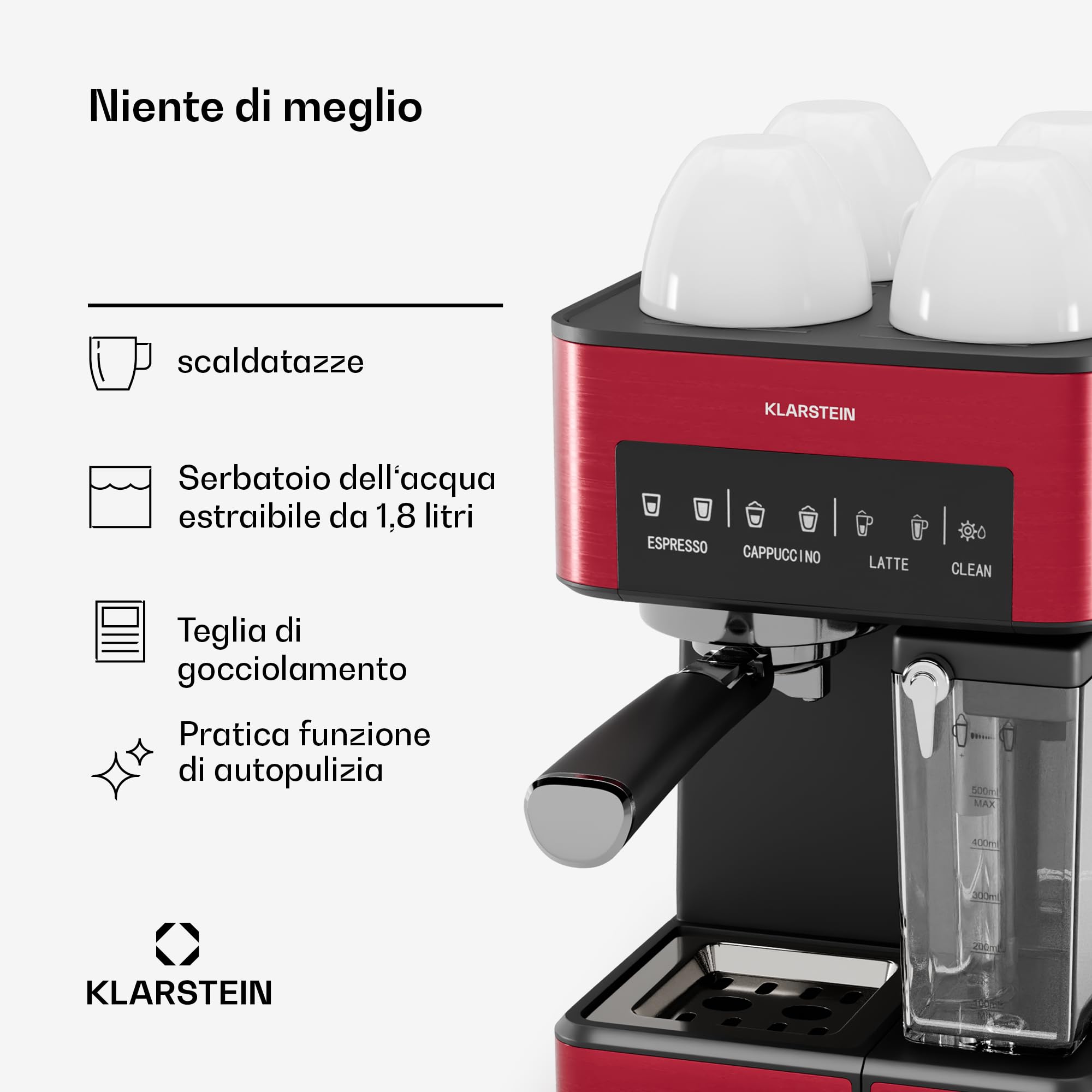 KLARSTEIN Arabica Comfort Macchina per Caffè – 20 Bar, 1350W, con Montalatte, Compatibile con Caffè Macinato & Cialde, Serbatoio 1,8L, Pannello Touch, Serbatoio Latte Rimovibile