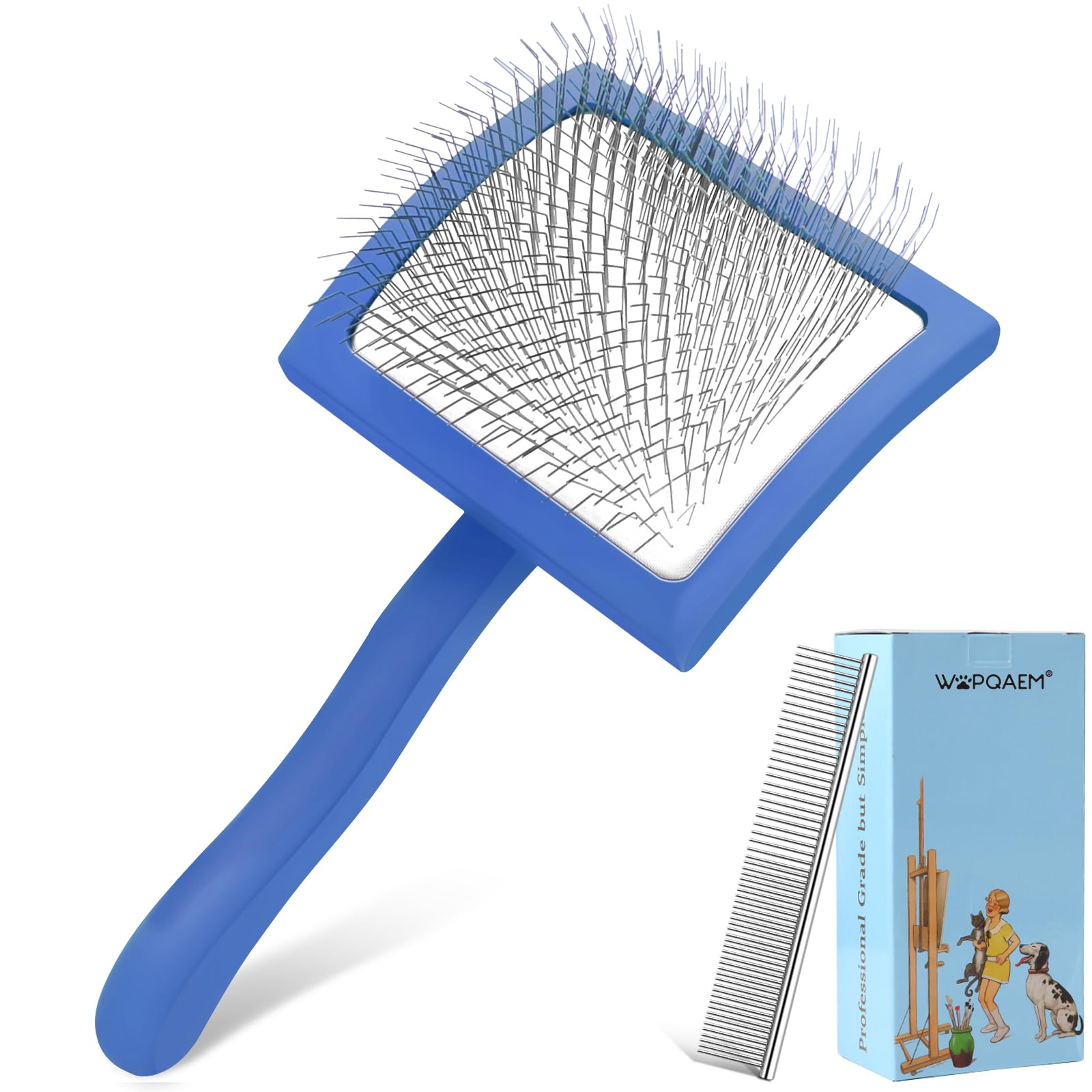 WOPQAEM Slicker Brush for Dogs, Long Pin Dog Grooming Brush for Goldendoodles, Poodles, Doodles & More, Includes Bonus Pet Comb, Perfect for De-Shedding, Dematting & Reducing Tangles. Large, Blue
