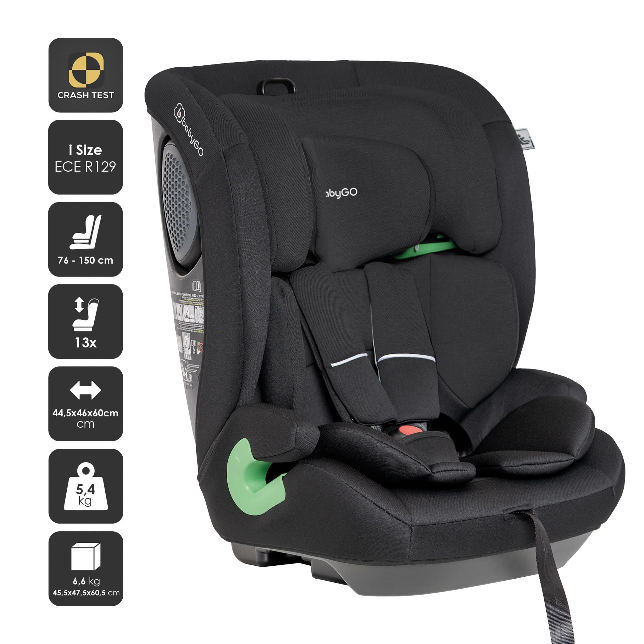 babyGO Lumo Kindersitz nach neuer I-Size Norm - Kindersitz/Autositz für Kinder (76-150 cm) Schwarz