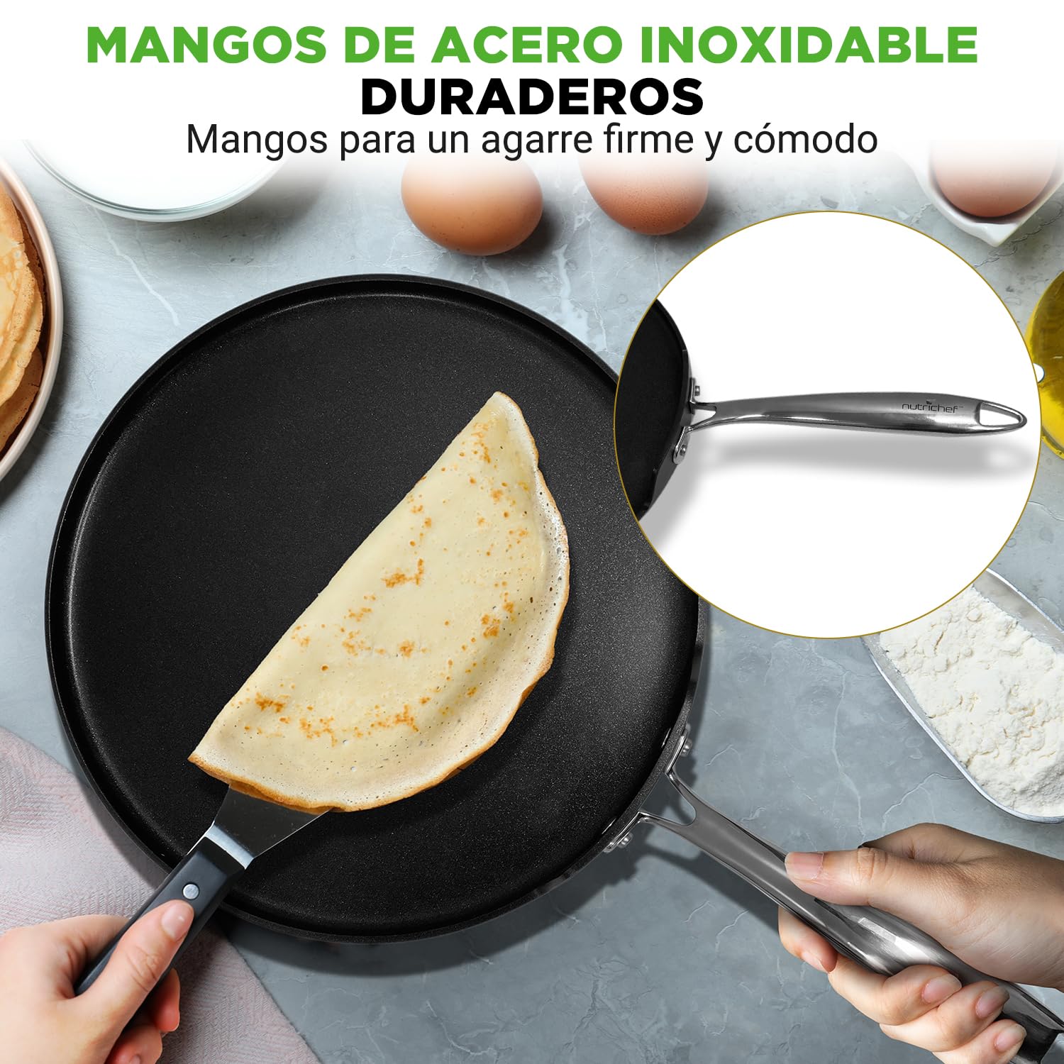 Nutrichef sarten para crepes, Tortitas, Panquecas, 12”, Anodizada, Antiadherente, Apto para lavavajillas