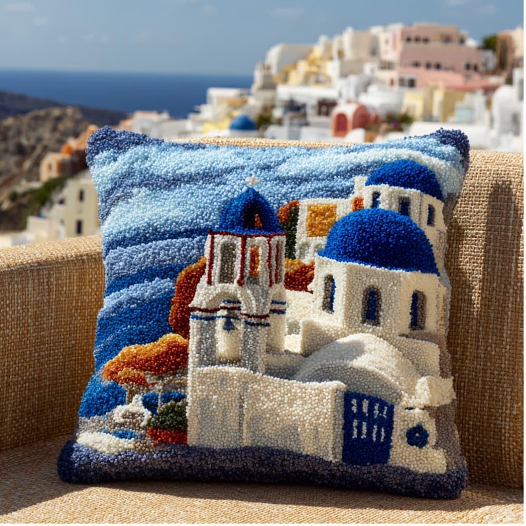 AxiangziK Latch Hook Pillow Kit for Adults,Architecture 43X43Cm Handmade Embroidery Kits,Cross Stitch Sofa Cushion Cover with Crochet Yarn for Beginners and Home Decor
