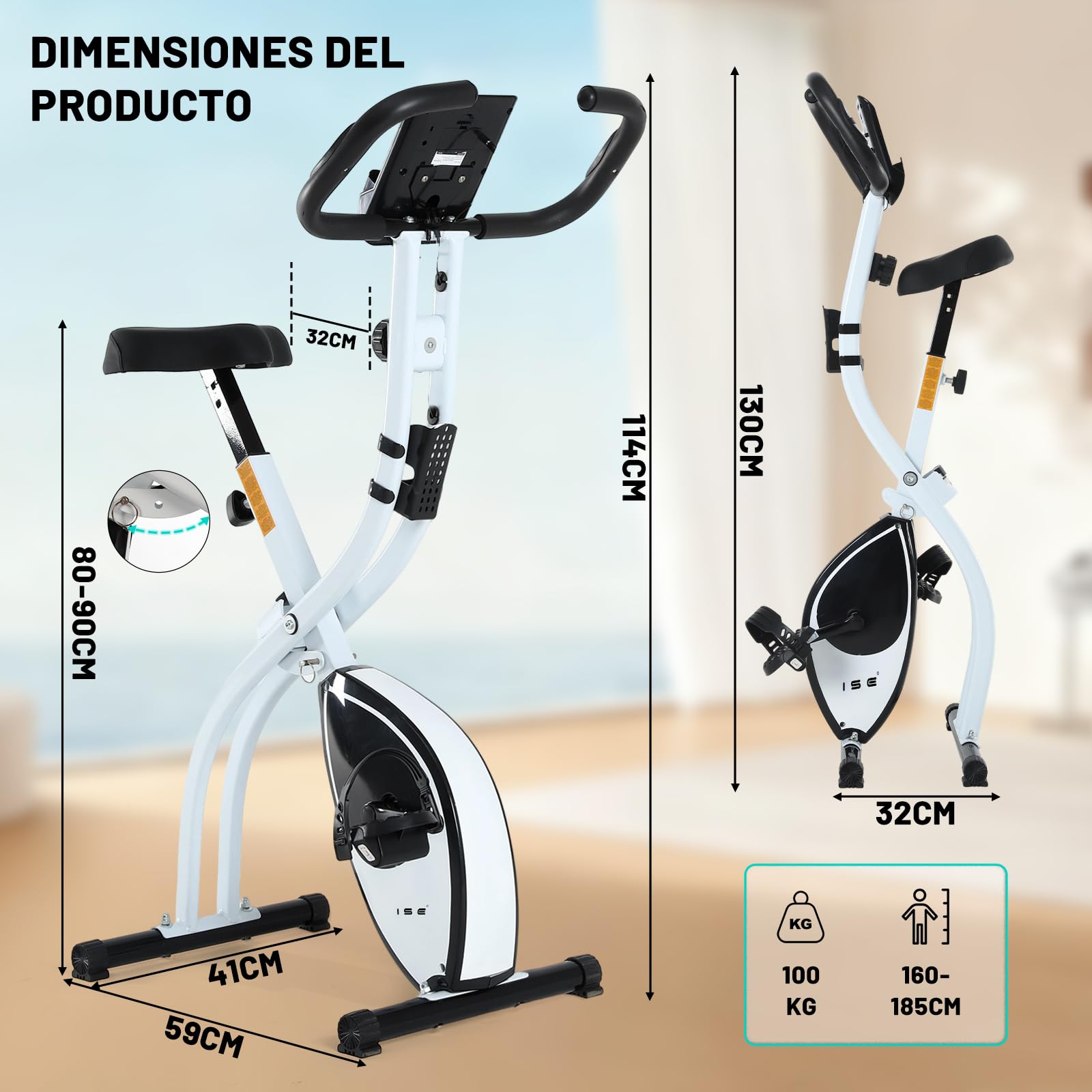 ISE Bicicleta estática plegable Cardio Training Fitness 8 niveles de resistencia magnética pantalla LCD Entrenamiento con sensor de frecuencia cardiaca, SY-810L