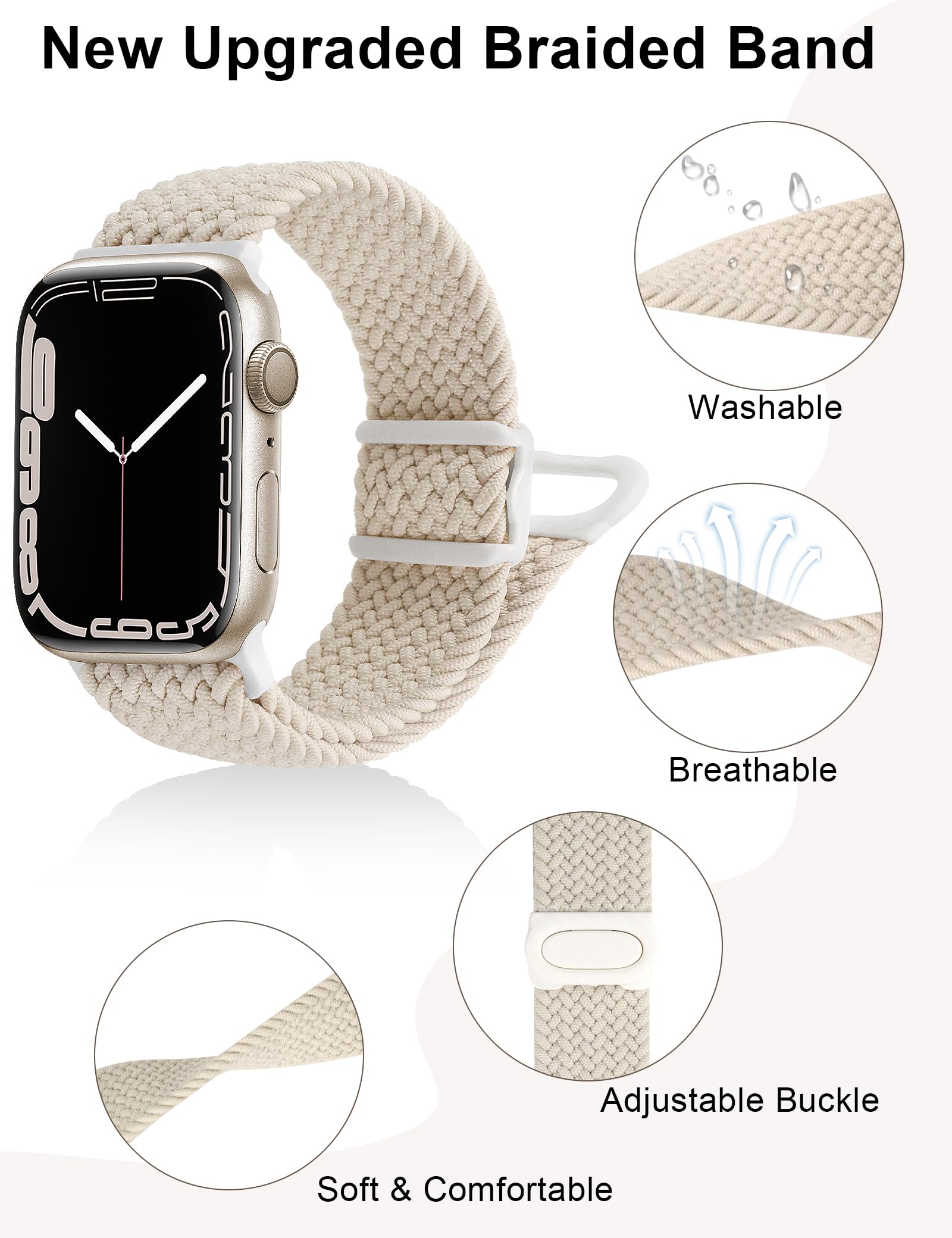 JR.DM 4Pcs Braided Stretchy Adjustable Solo Loop Compatible with Apple Watch Bands 40mm 41mm 38mm 44mm 45mm 42mm 49mm for Women, Elastic Nylon Sport Strap for iWatch Series SE/9/8/7/6/5/4/3/2/1/Ultra