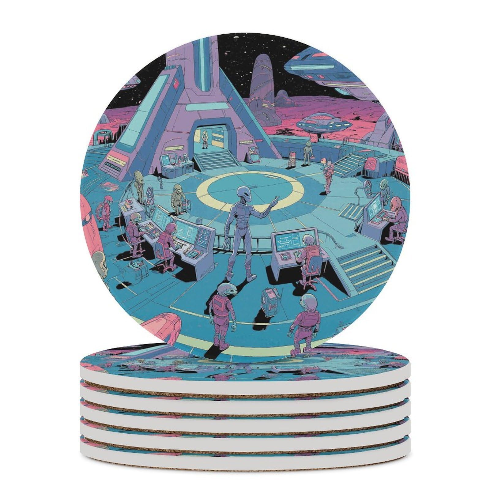 Alien Base Coaster with Cork Base Drink Coasters for Coffee Table Decor Modern Cup Coasters with Non-Slip & Heat-Resistant Cute Ceramic Table Coaster for Home Dining