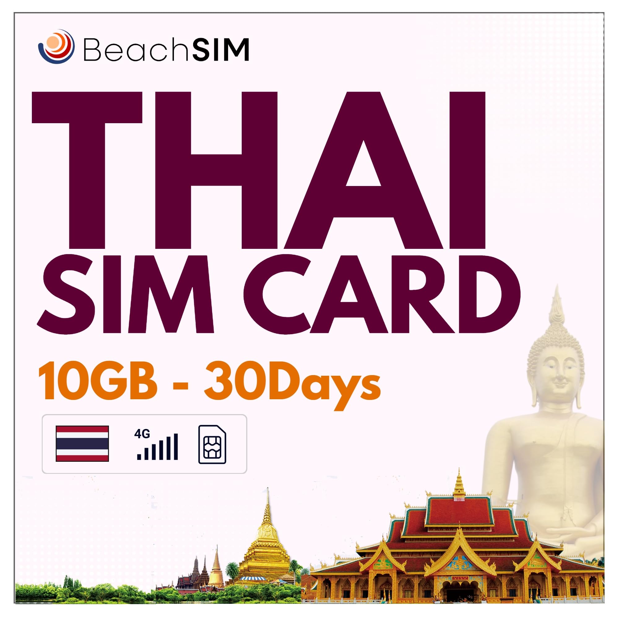 Tarjeta SIM Tailandia 30 días. 10GB de Datos prepagados a velocidades 4G/5G. Fácil de recargar. Funciona en Dispositivos iOS y Android desbloqueados.