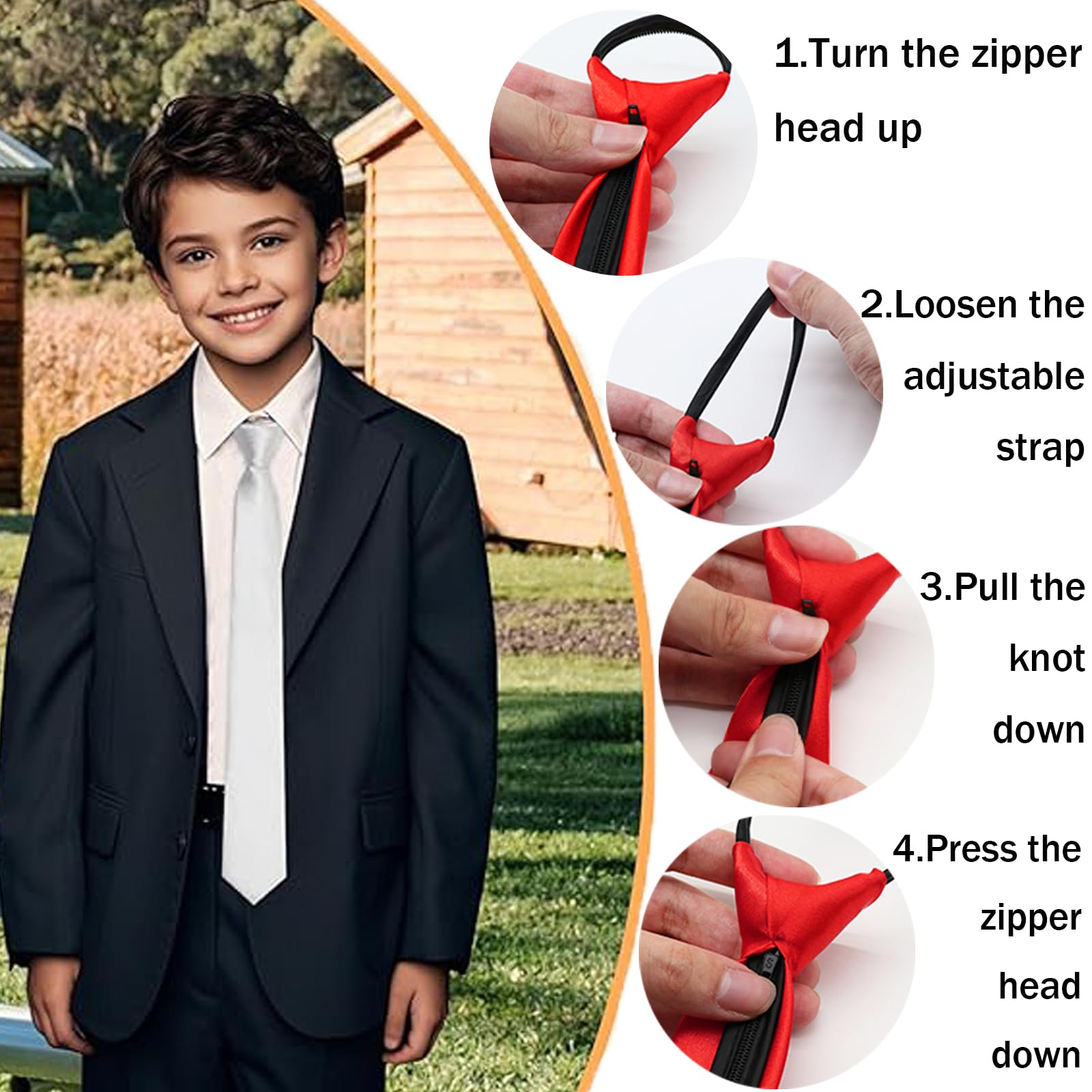 Corbata infantil preanudada de satén con cremallera ajustable 38 cm largo para niño, niña, formal, boda, celebración uniforme escolar