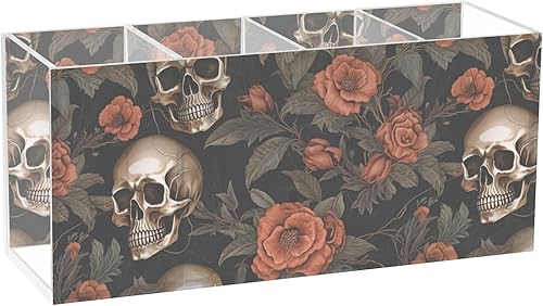 CHIFIGNO Cute Pencil Holder for Desk, Vintage Skulls and Red Flowers Pen Holder Pen Cup, Acrylic Makeup Brush Organizer 4 Compartments for Office,