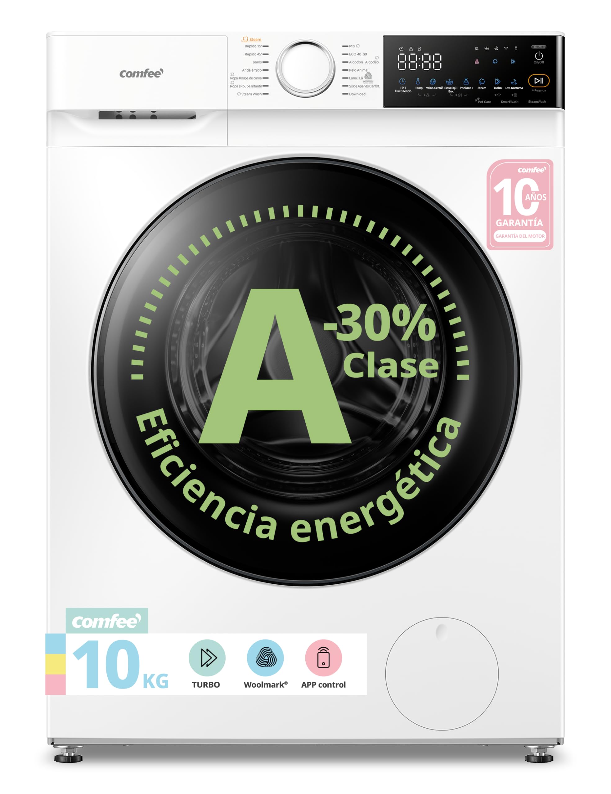 COMFEE' Lavadora 10kg, Clase A-30%, 14 programas, 1400 RPM, Lavado inteligente controlable a distancia, Eliminación de pelos de mascotas, Perfume+, Blanco-CF10EWP07W