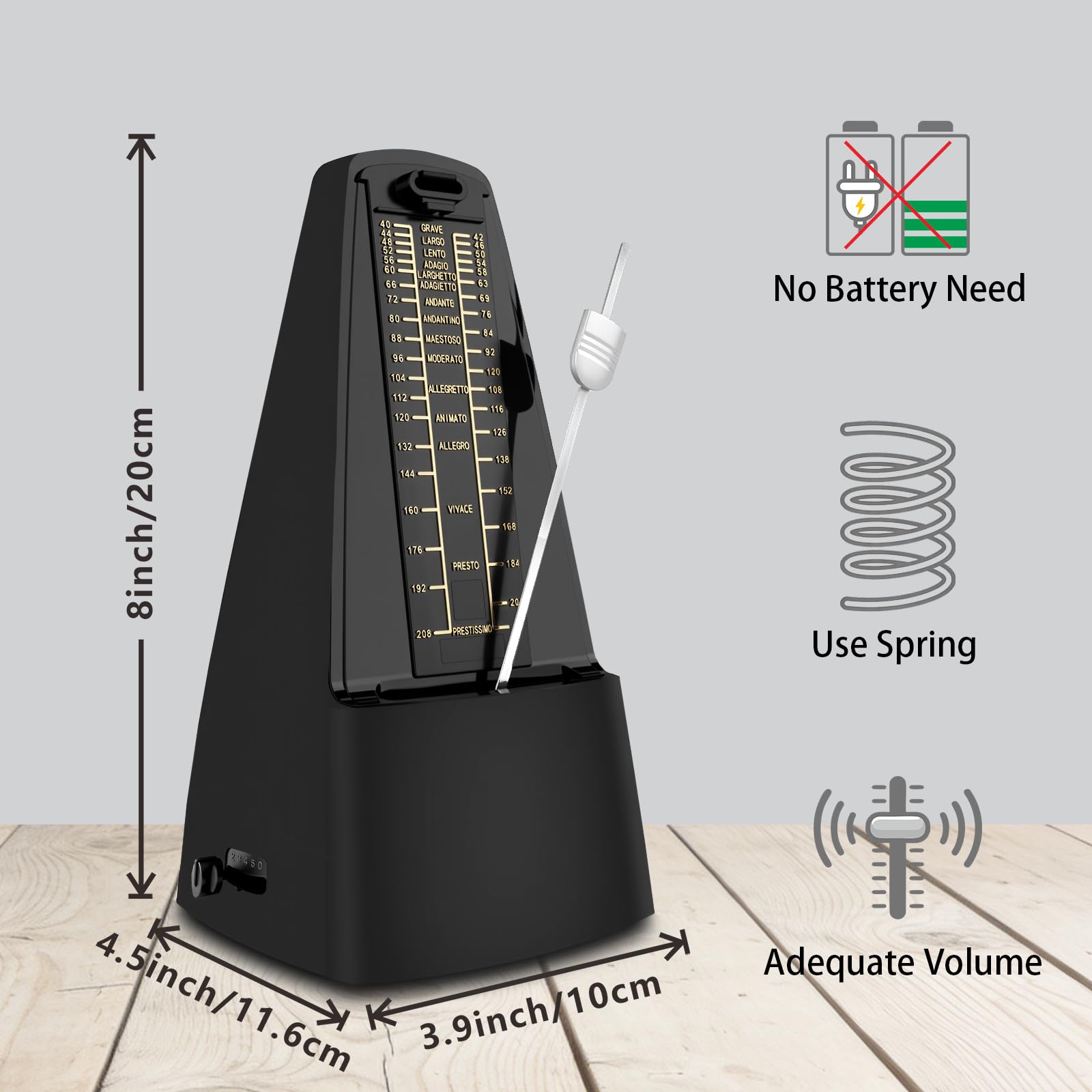 Métronome mécanique universel noir pour piano, guitare, violon et autres instruments