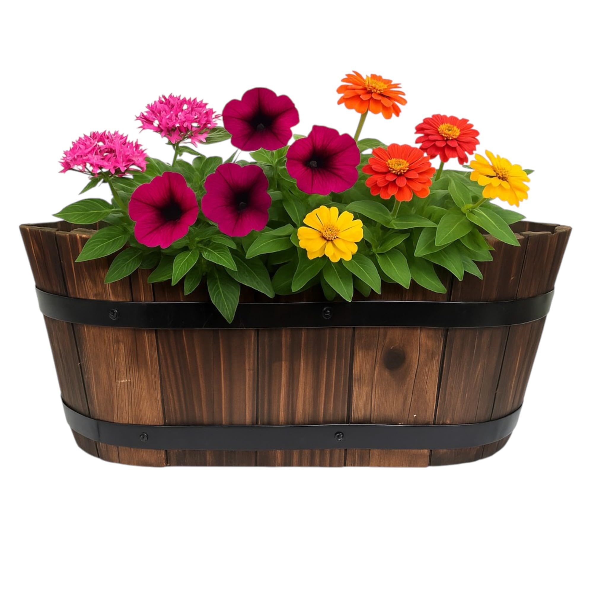 Oval Wooden Planter 32cm Burnt Wood Effect Garden Container Rustic Barrel Style Flower Herb Pot with Metal Banding for Outdoor Patio Balcony Use – With Drainage Hole (1, 32 cms (WOODAI))