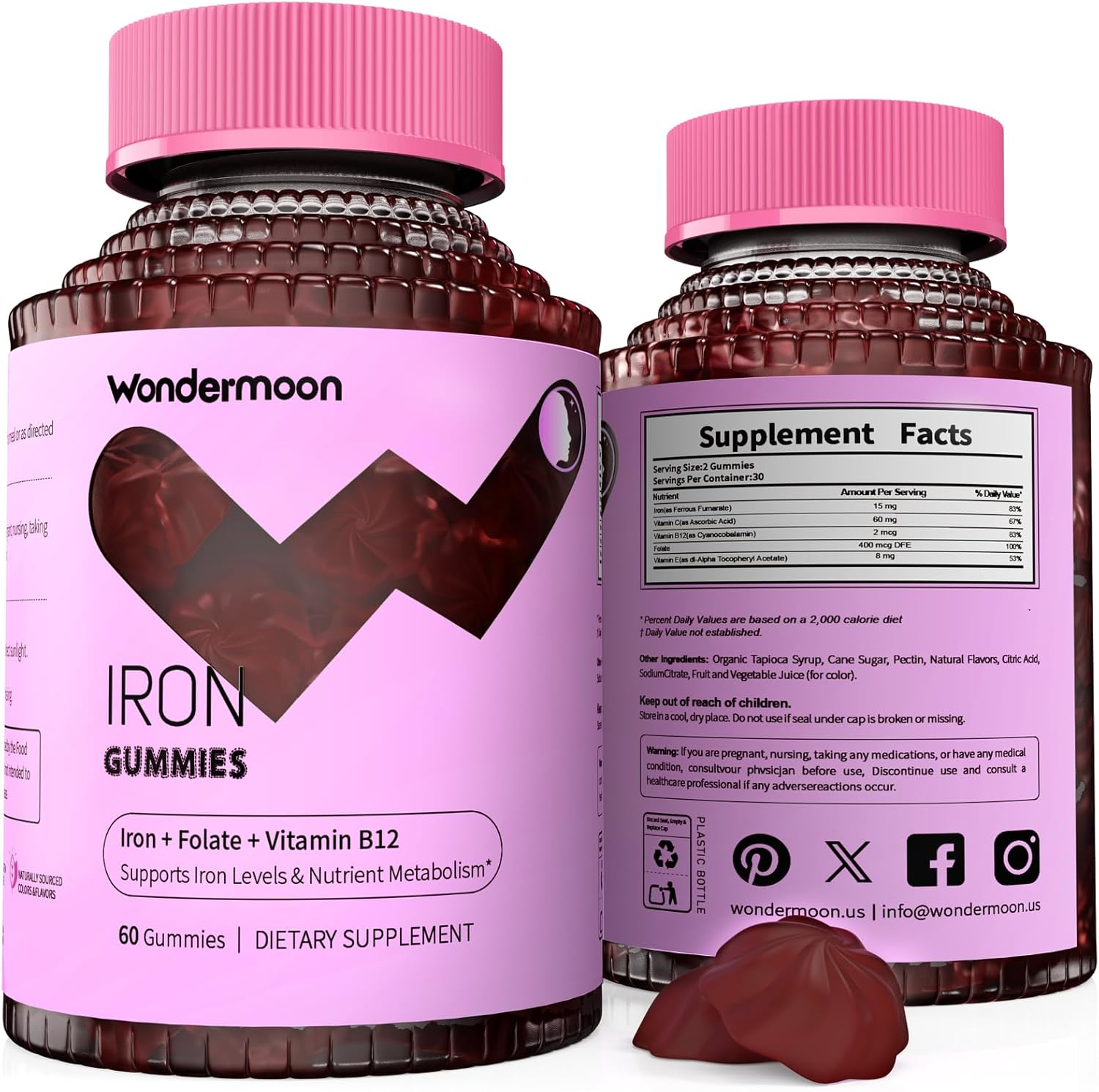 Wondermoon Iron Gummies for Women with Vitamin C, Chewable Iron Supplement with B12 & Folate, Cherry Flavor, 60 Gummies