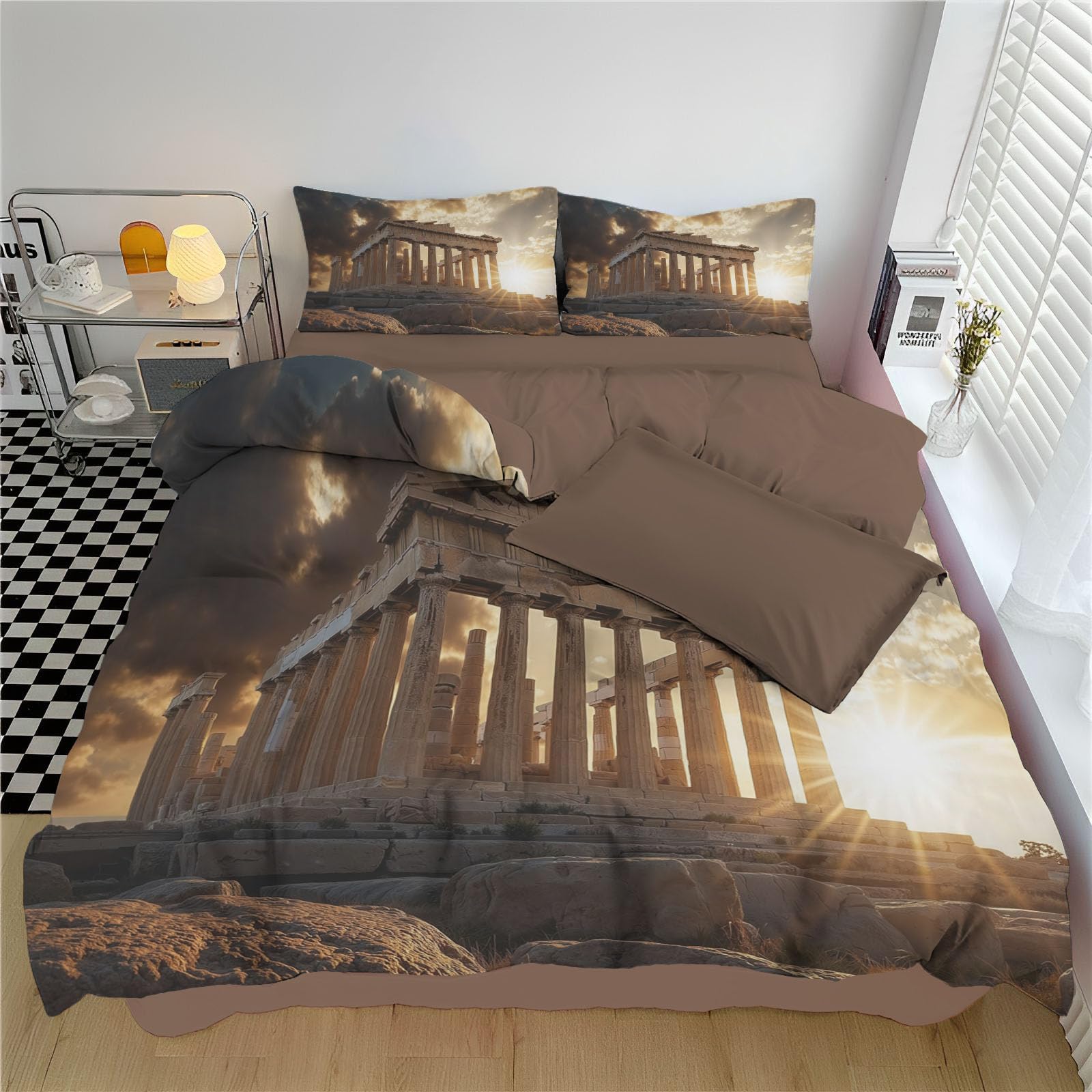 Housse de couette microfibre parure de lit 200x200cm réversible motif bâtiments anciens 3D