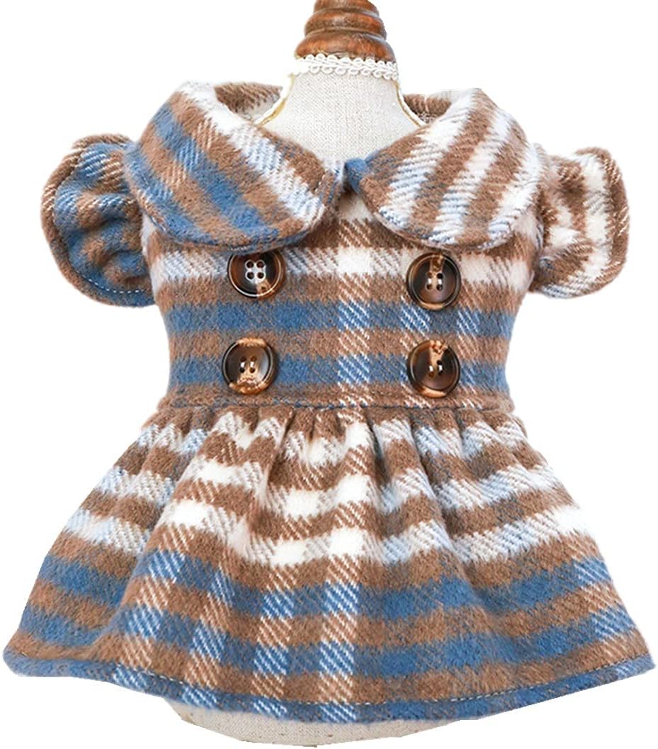Igughiペット服 ワンピース 犬服 スカート 秋冬 チェック柄 ラッパ袖 犬猫用 小型犬 中型犬 クリスマス お散歩お出かけ服 犬洋服 ペットウェア ｘｓ ｘｌ 防寒 着物 賜物 S 新ブルー