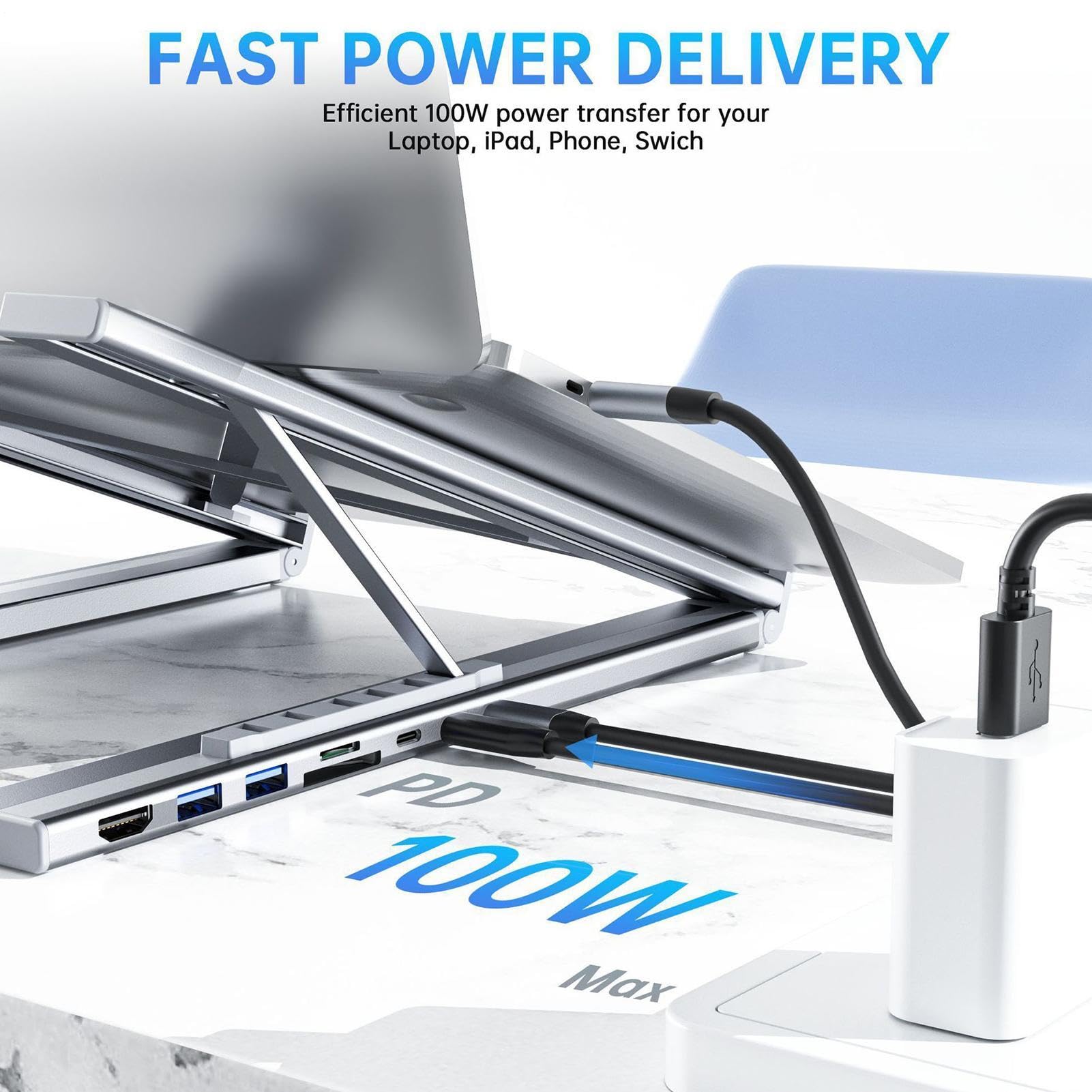Supporto Portatile per Notebook con Docking Station Hub 8 in 1 Porta | Trasferimento Dati a 5 Gbps, Supporto Pieghevole per Computer Portatile con Porte USB per Scrivania, Casa, Lavoro